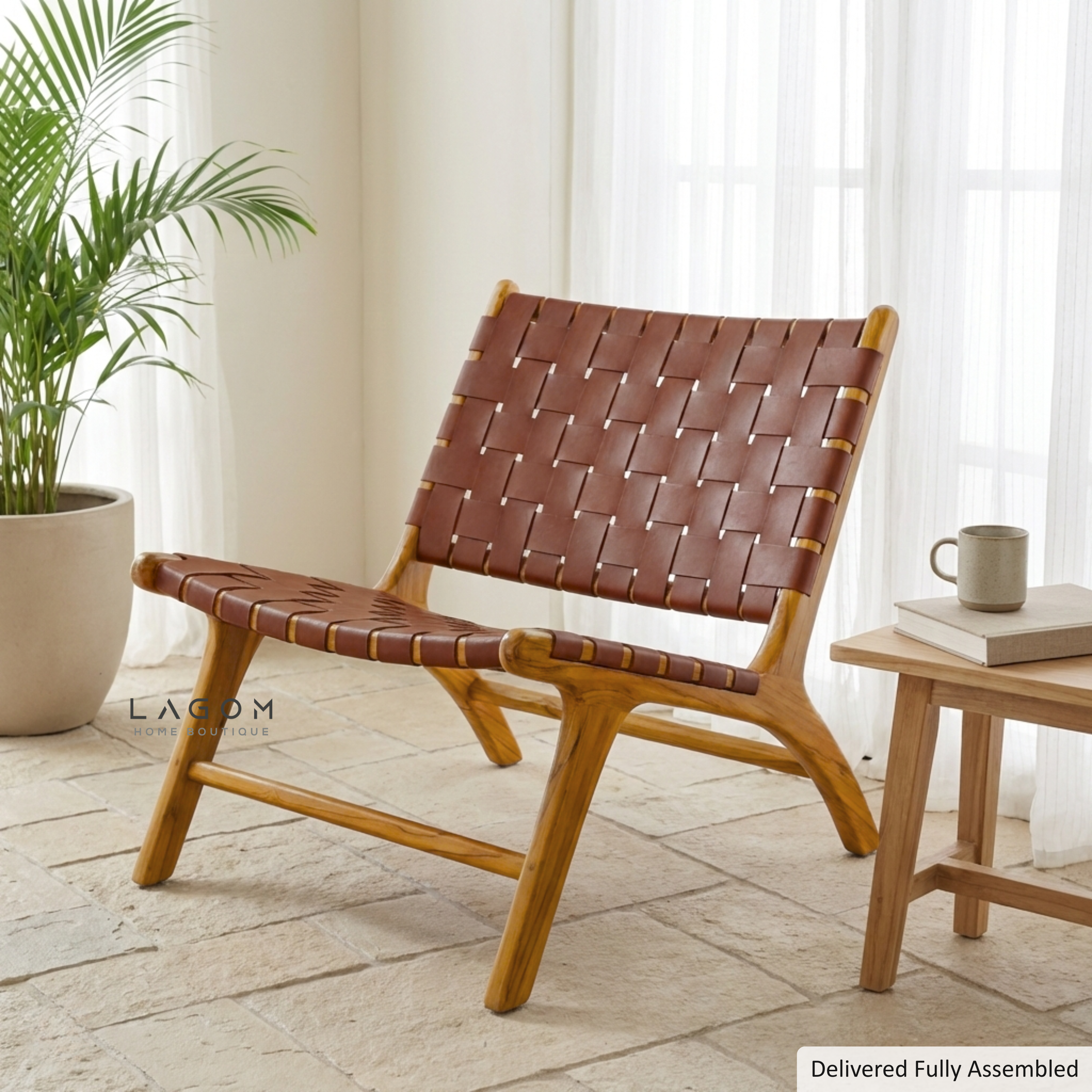 Solid Teak Lounge Chair with Handwoven Leather