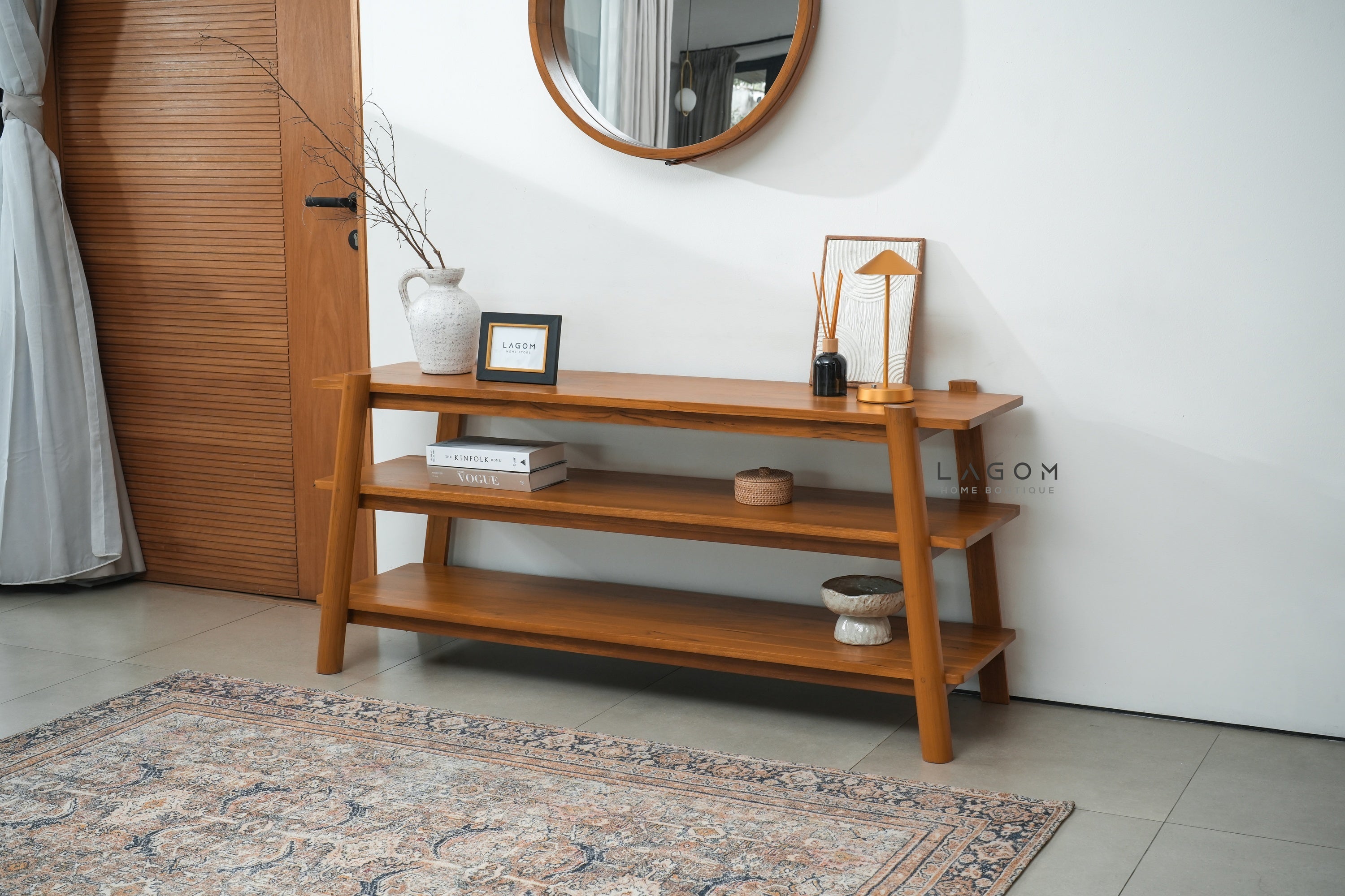 Minimalist Teak Console Table with 3 Shelves