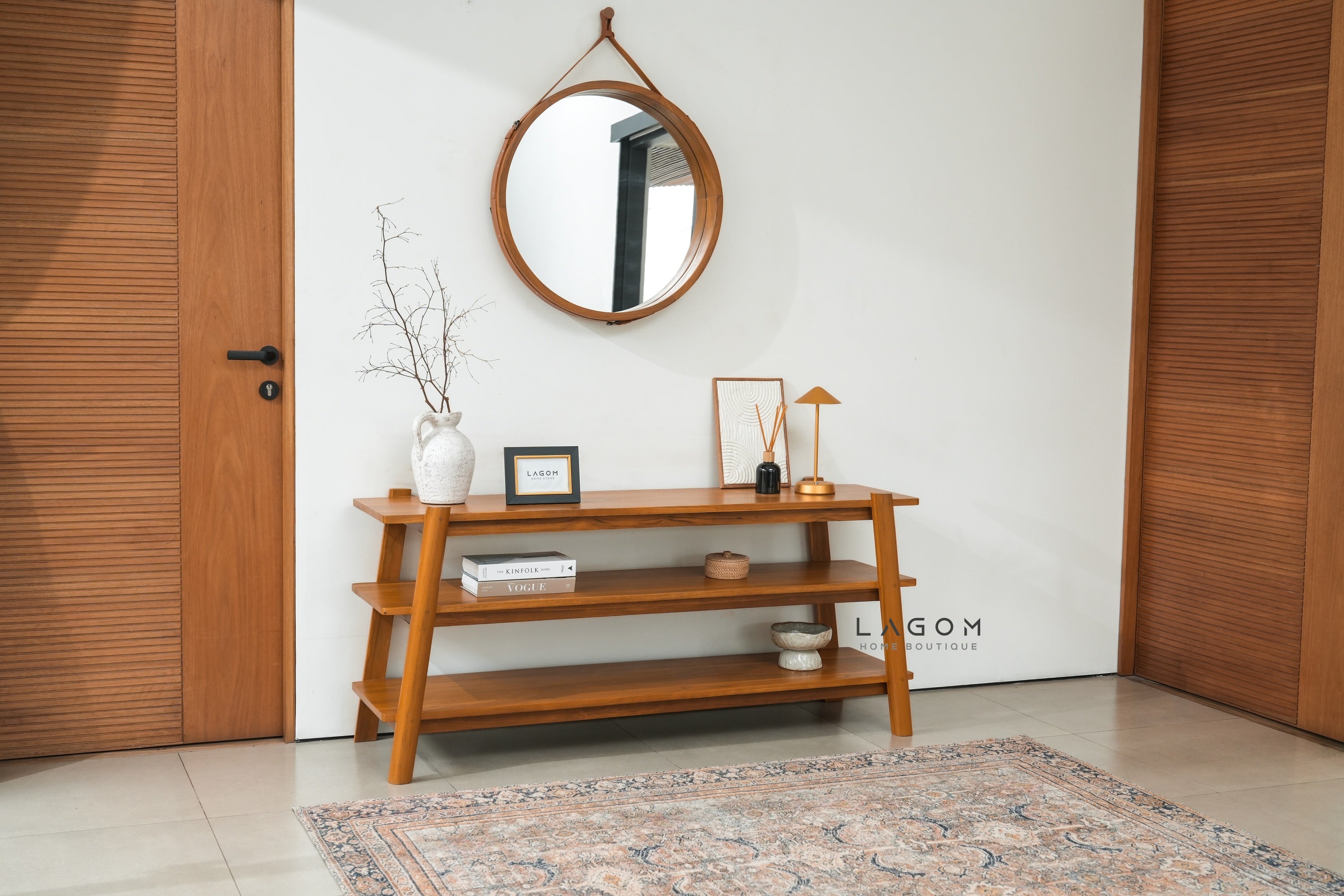 Minimalist Teak Console Table with 3 Shelves