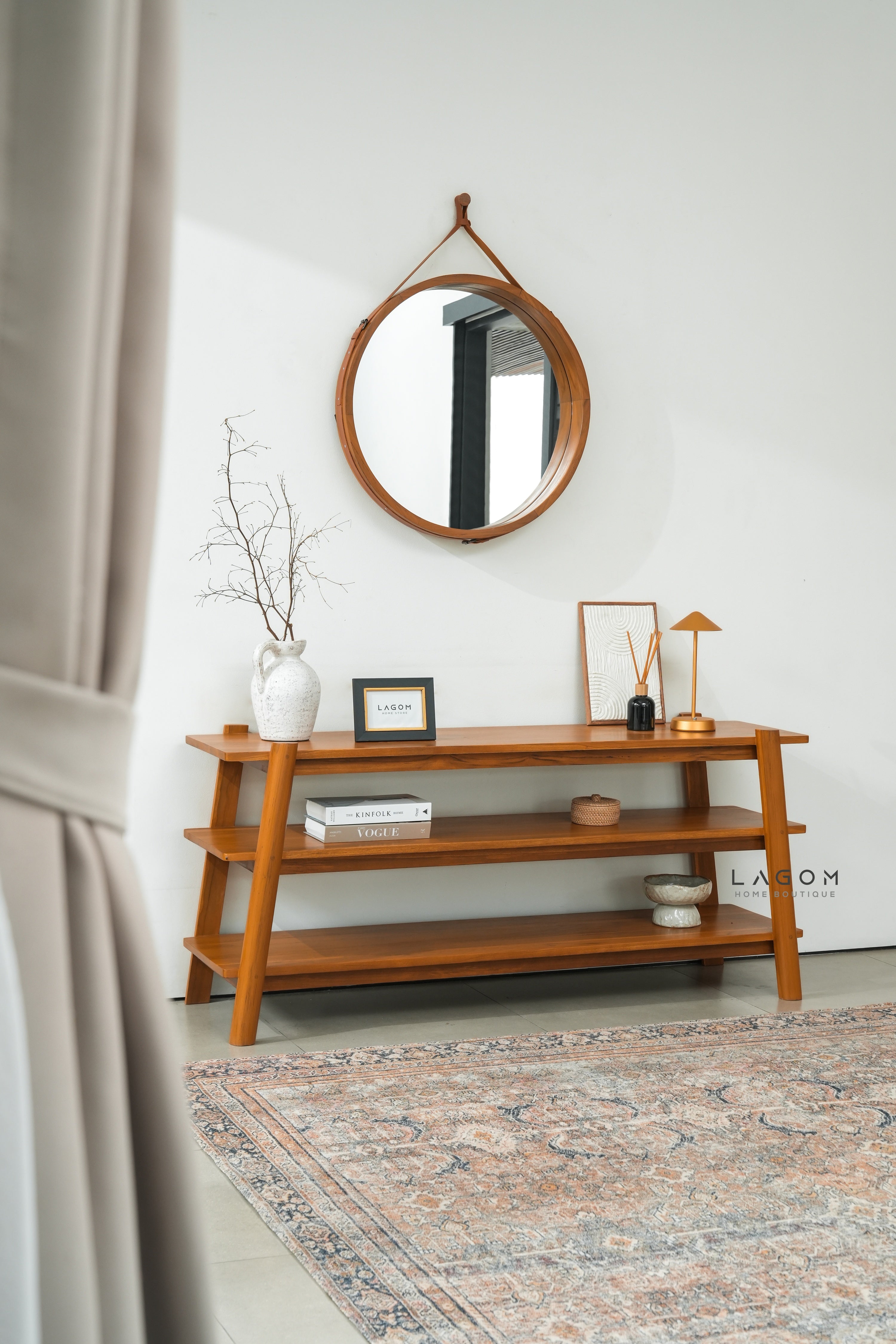 Minimalist Teak Console Table with 3 Shelves