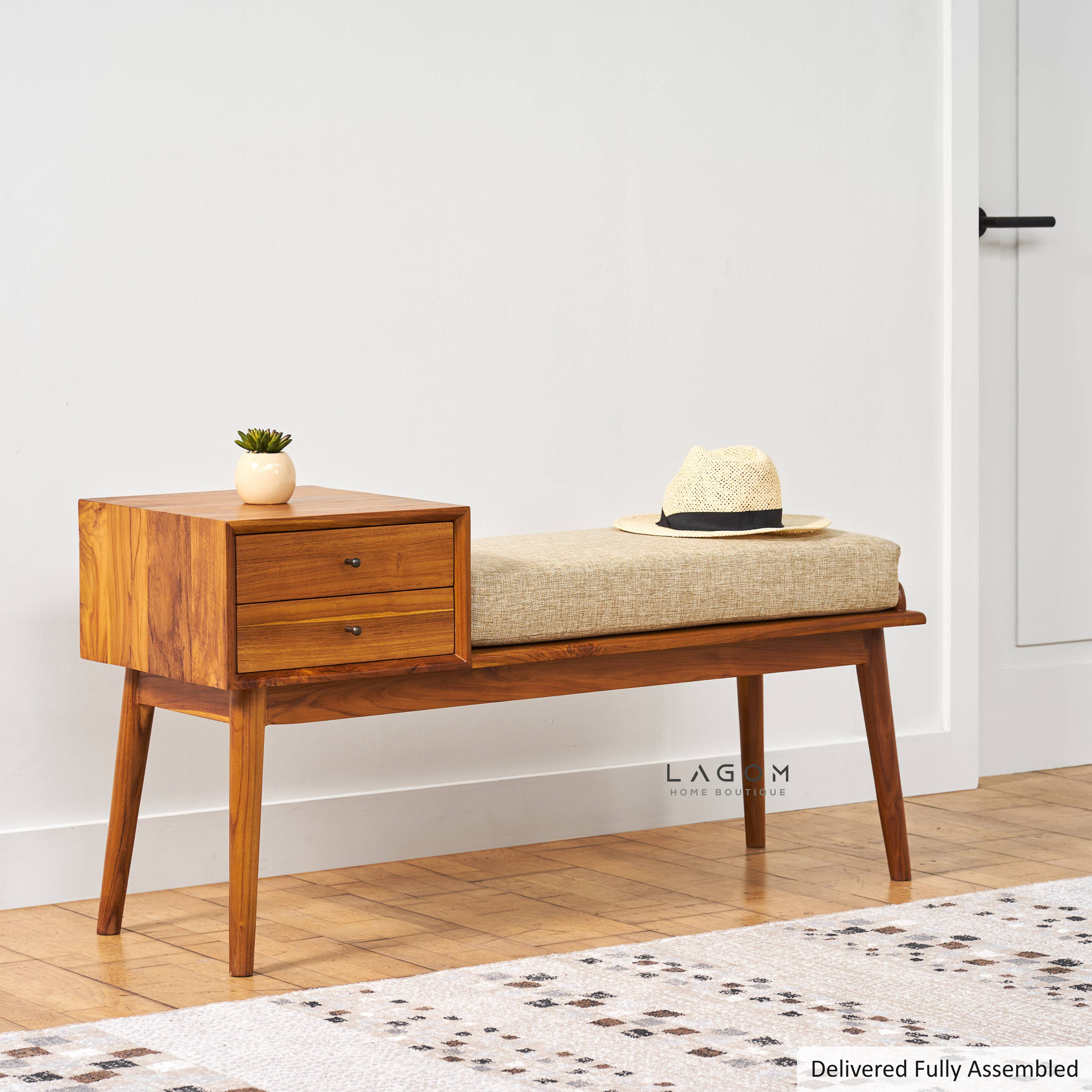 Solid Teak Bench with Two Drawers & Cushion