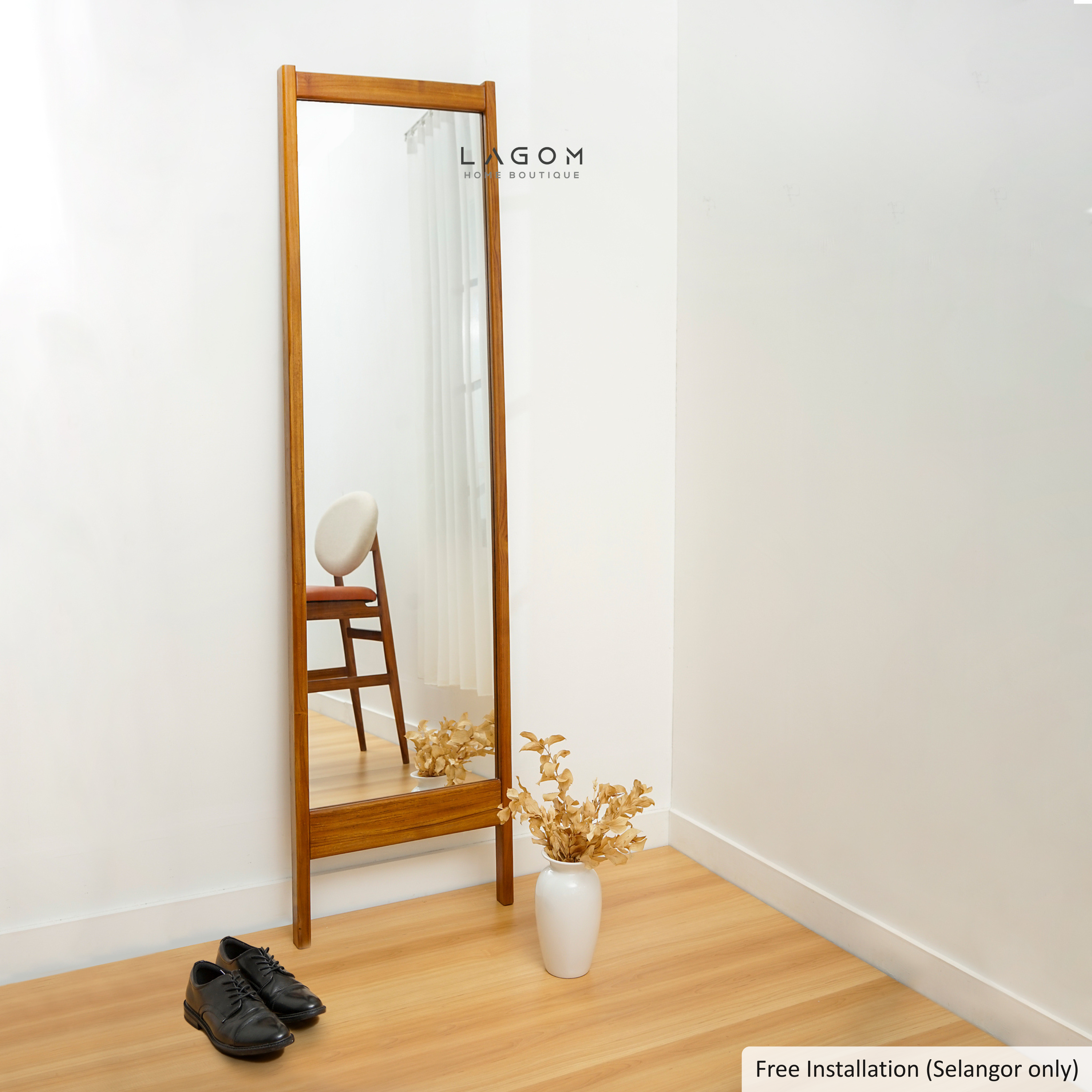 183 cm Full-Body Leaning Mirror with Teak Wood Frame