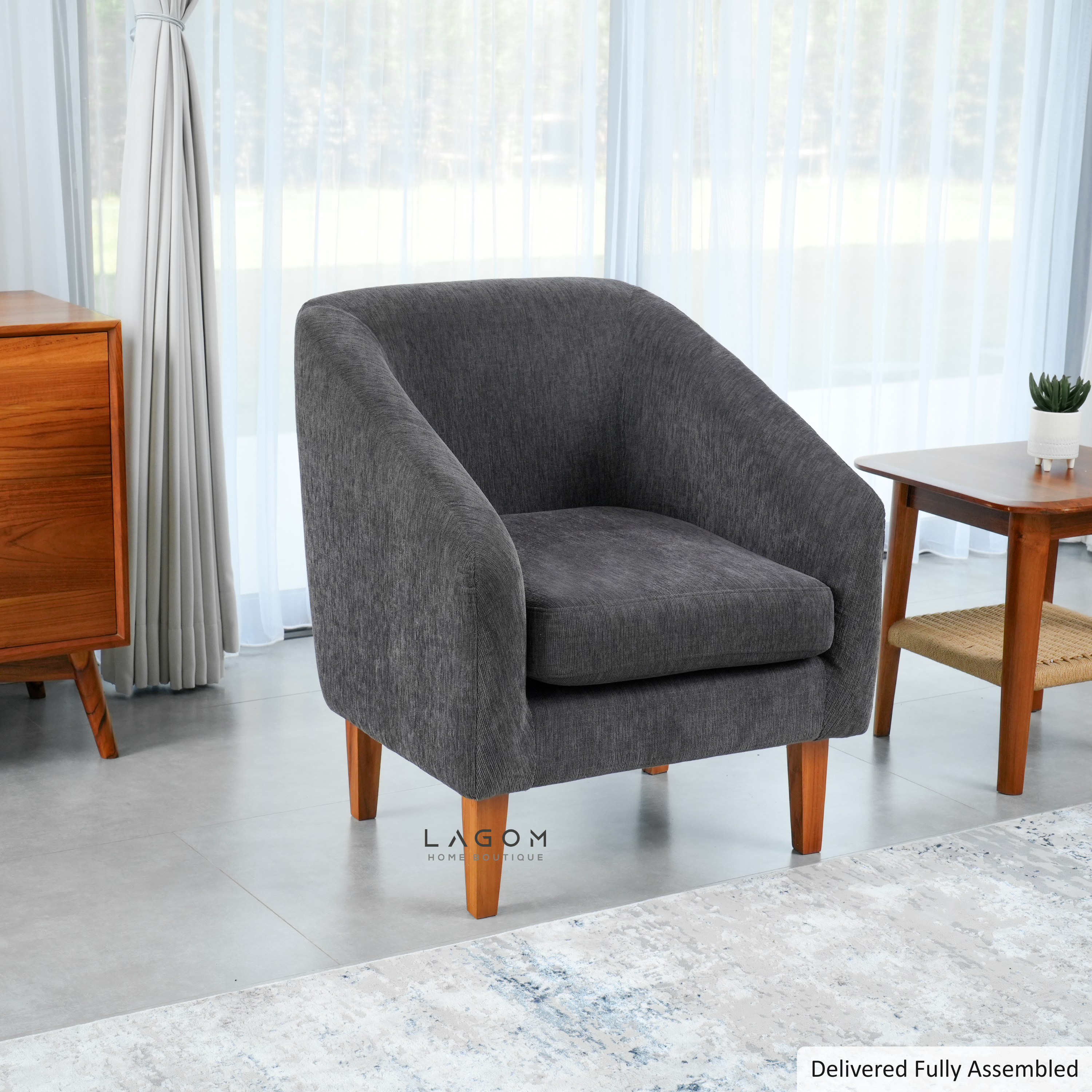 Armchair in Teak & Premium Fabric Upholstery