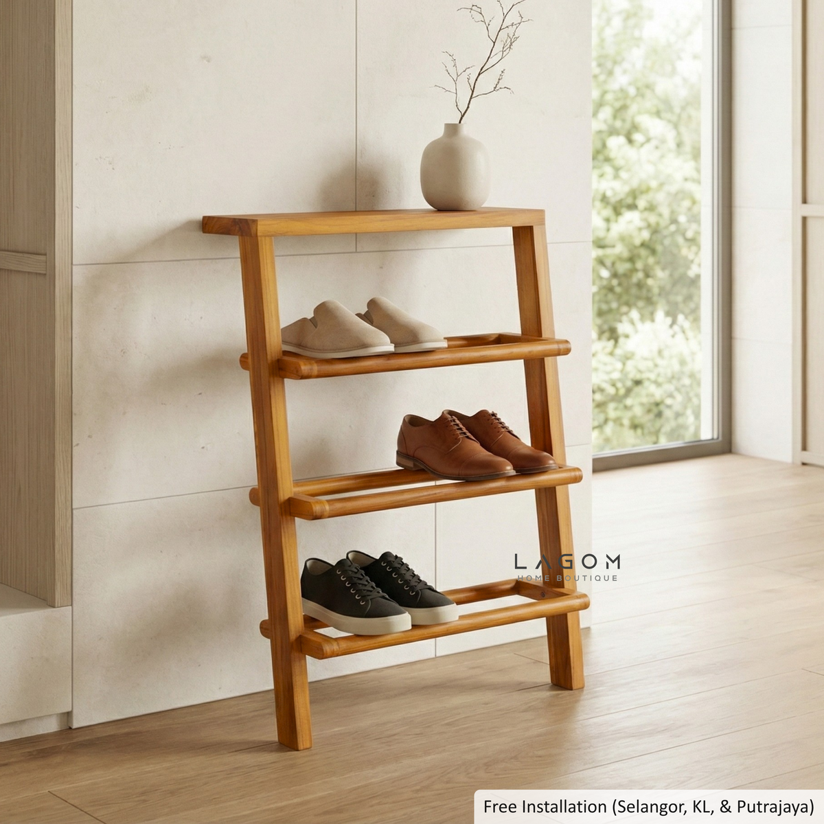 6-Pair Teak Leaning Shoe Rack with Top Shelf