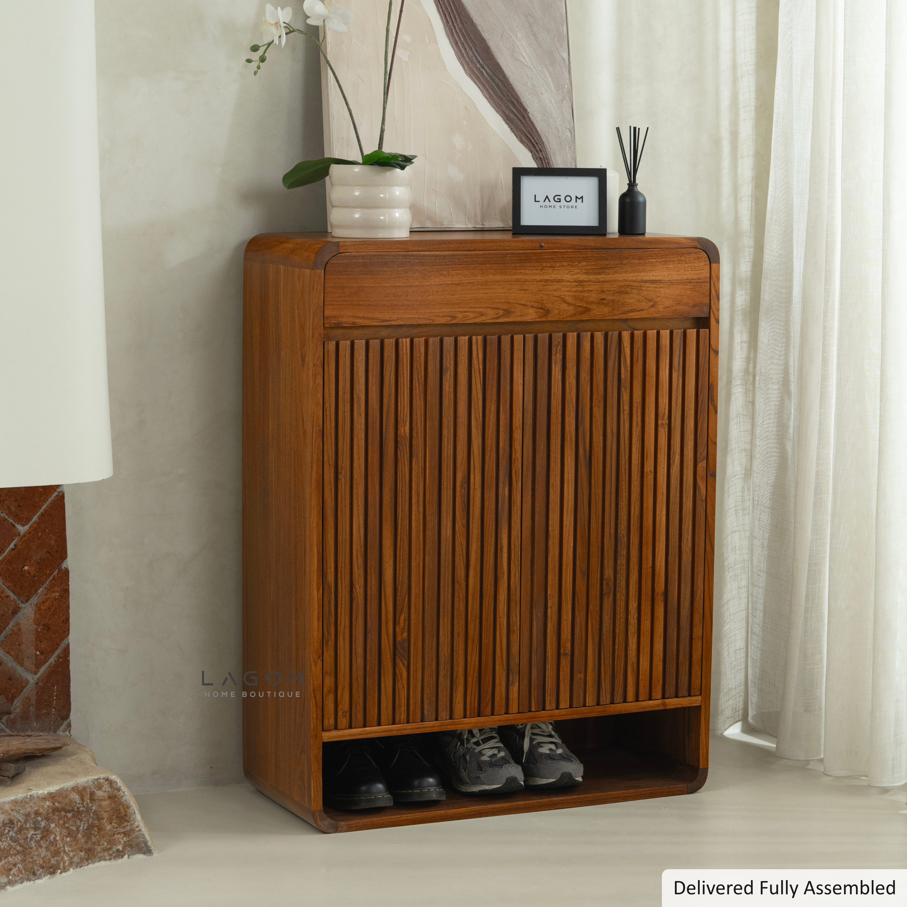 15-Pair Teak Shoe Cabinet with Soft-Close Doors