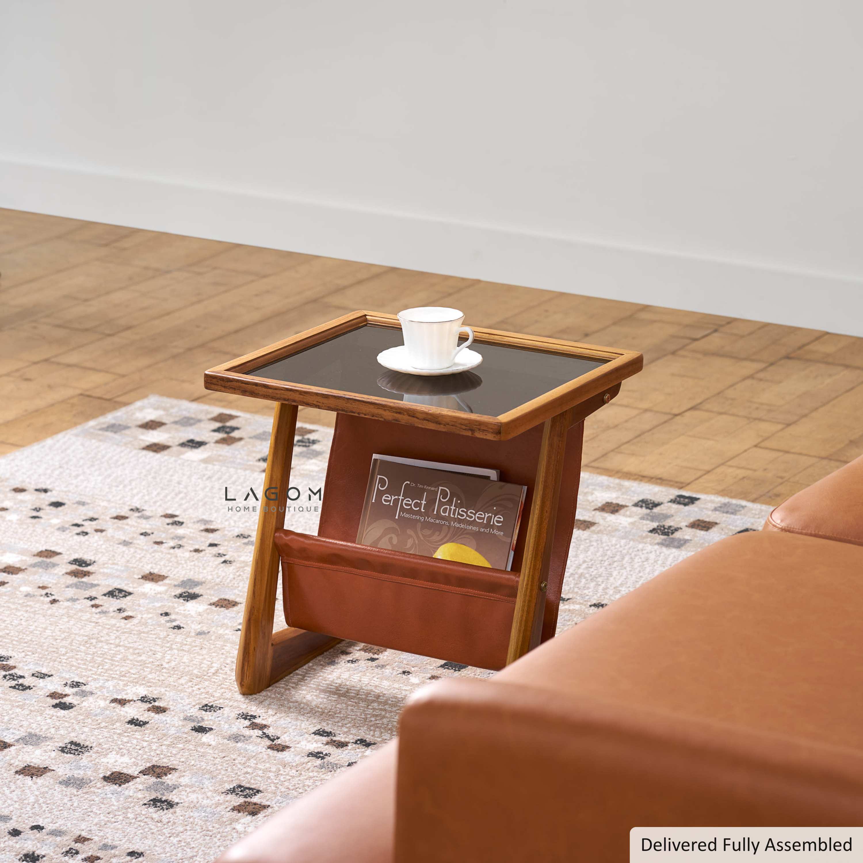 Teak Wood & Faux Leather Side Table
