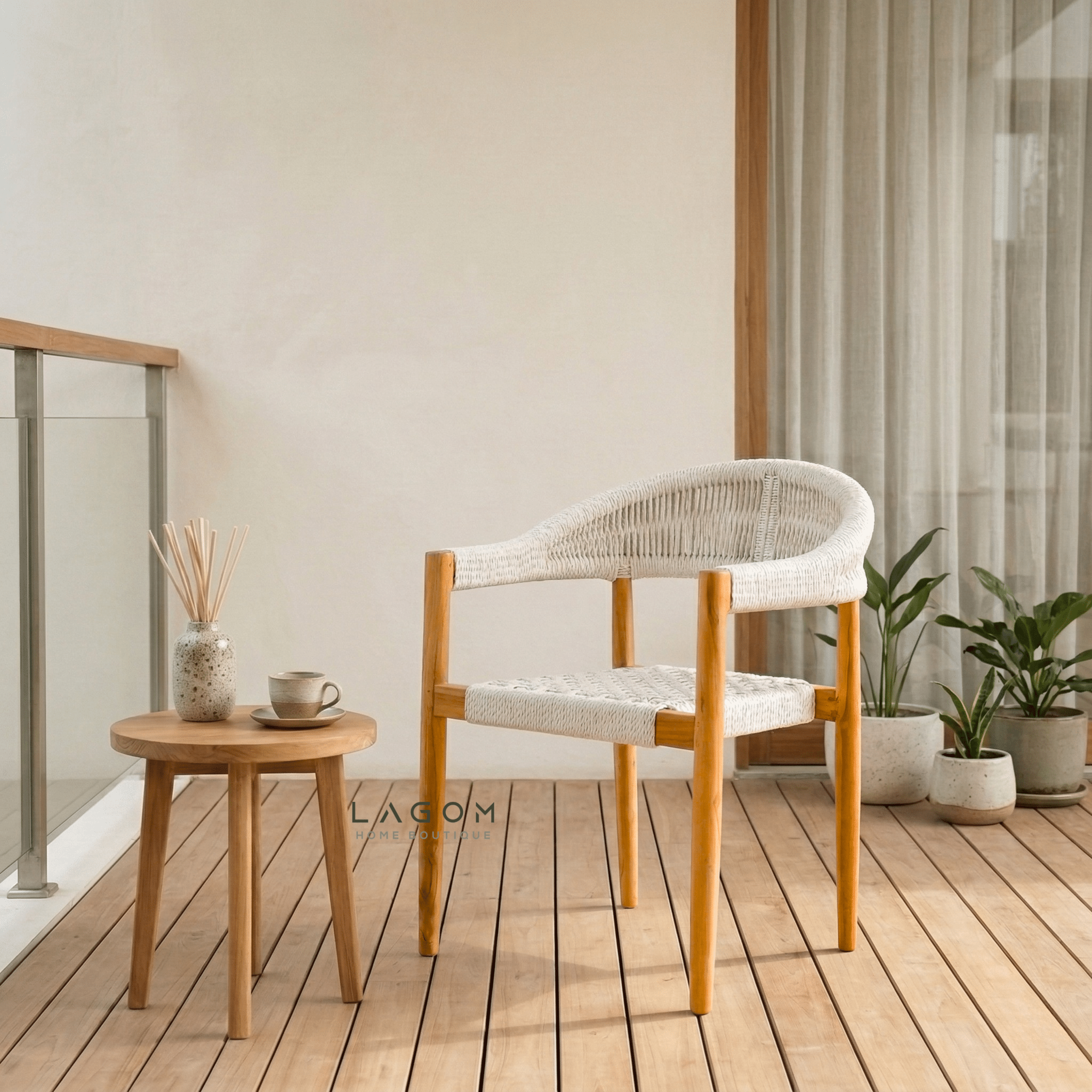 Accent Chair in Teak & Handwoven Raffia Rope - Chair - Lagom Home Boutique