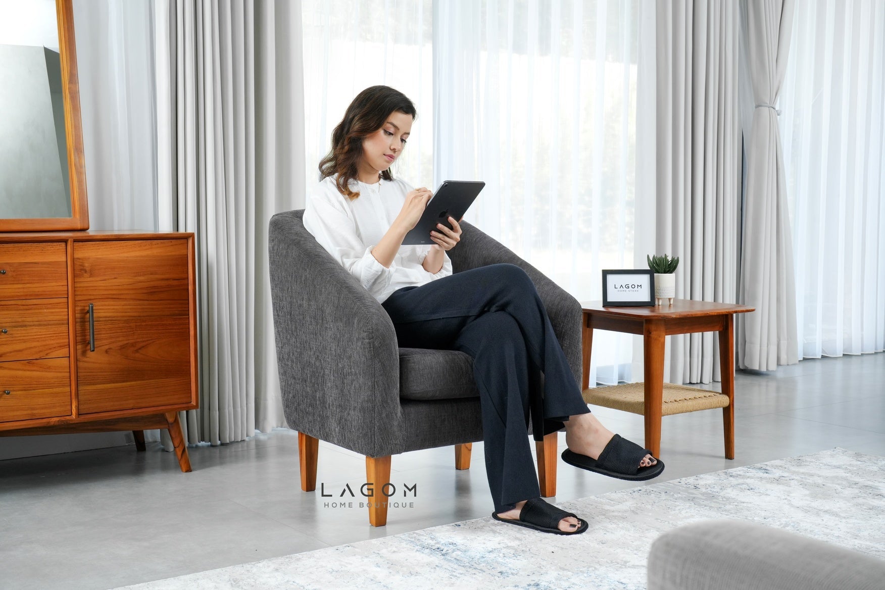 Armchair in Teak & Premium Fabric Upholstery - Chair - Lagom Home Boutique