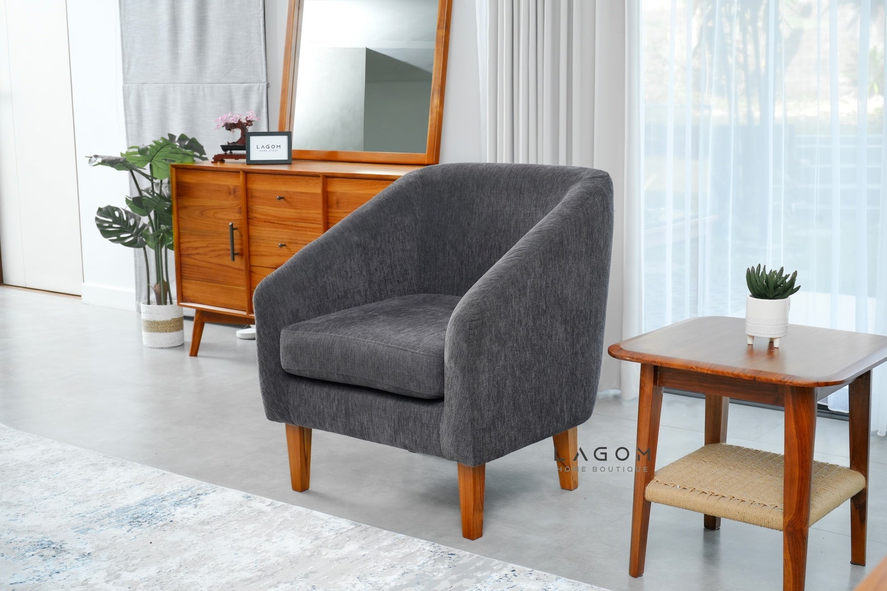 Armchair in Teak & Premium Fabric Upholstery - Chair - Lagom Home Boutique