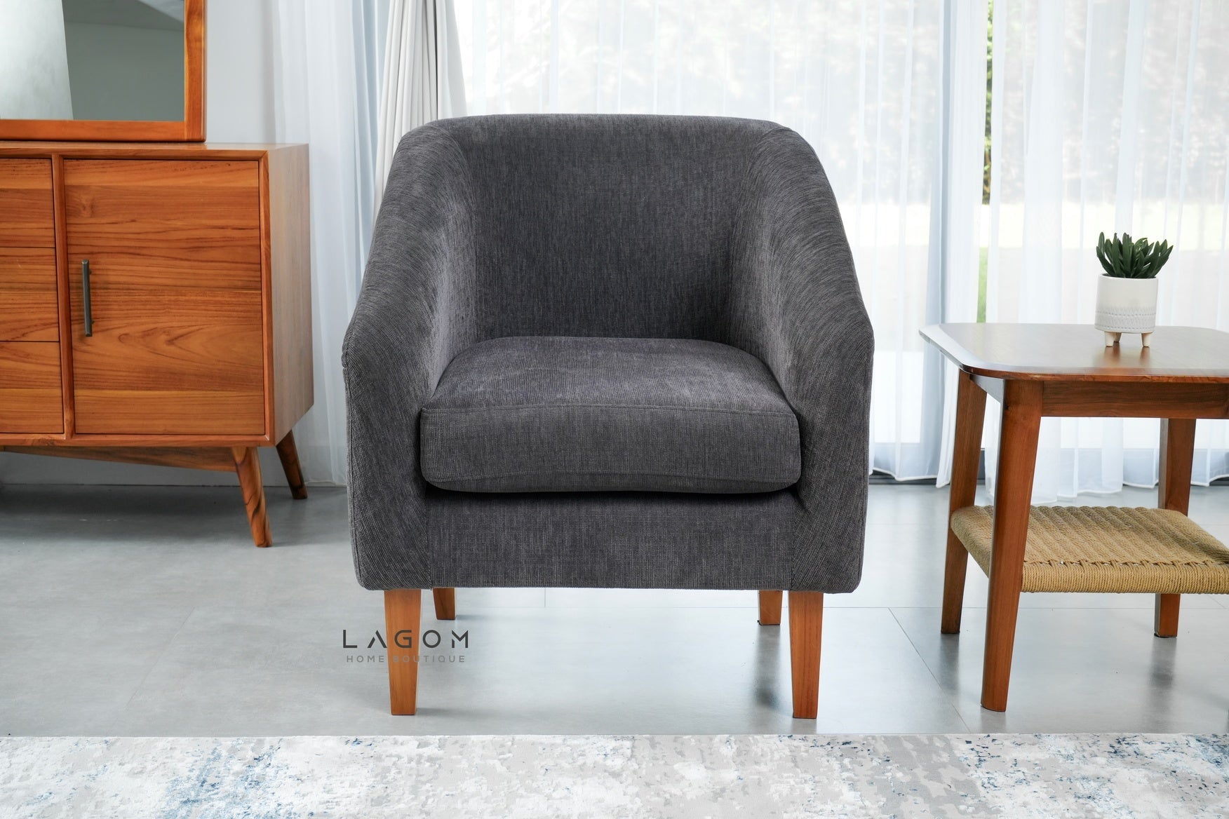 Armchair in Teak & Premium Fabric Upholstery - Chair - Lagom Home Boutique