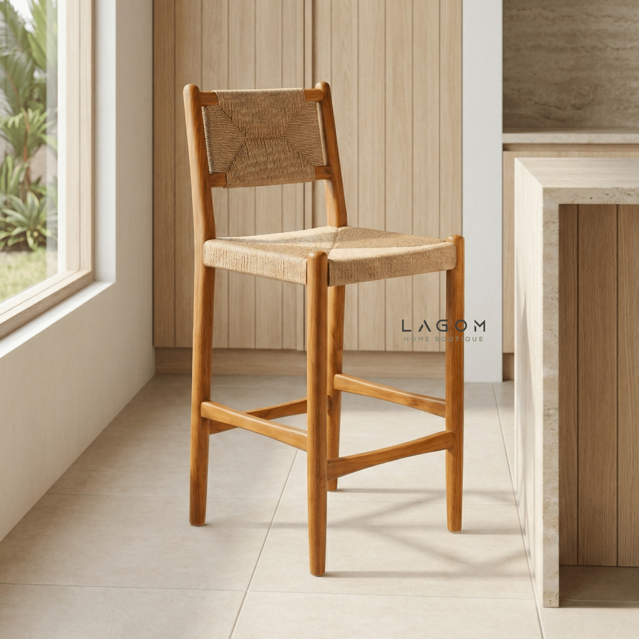 Artisan Bar Stool in Solid Teak & Handwoven Paper Loom - Bar Stool - Lagom Home Boutique