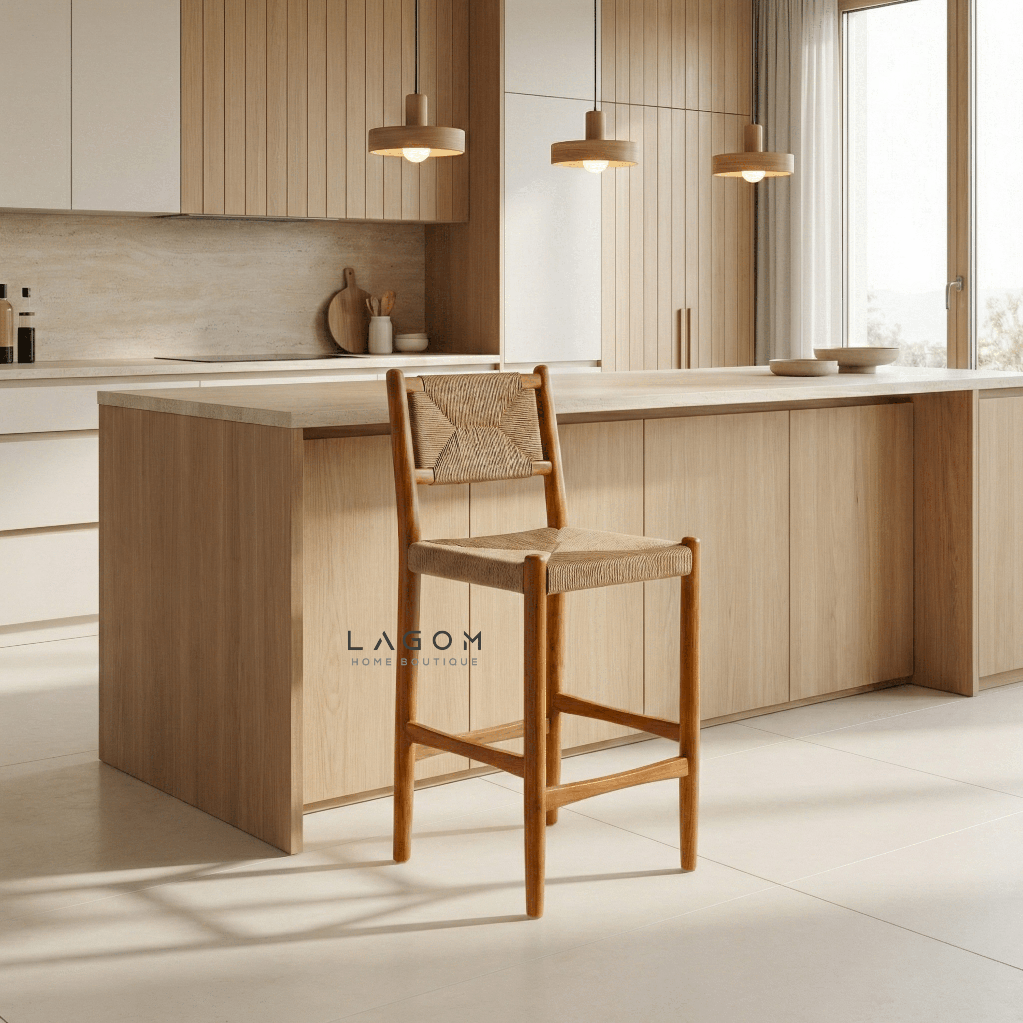 Artisan Bar Stool in Solid Teak & Handwoven Paper Loom - Bar Stool - Lagom Home Boutique