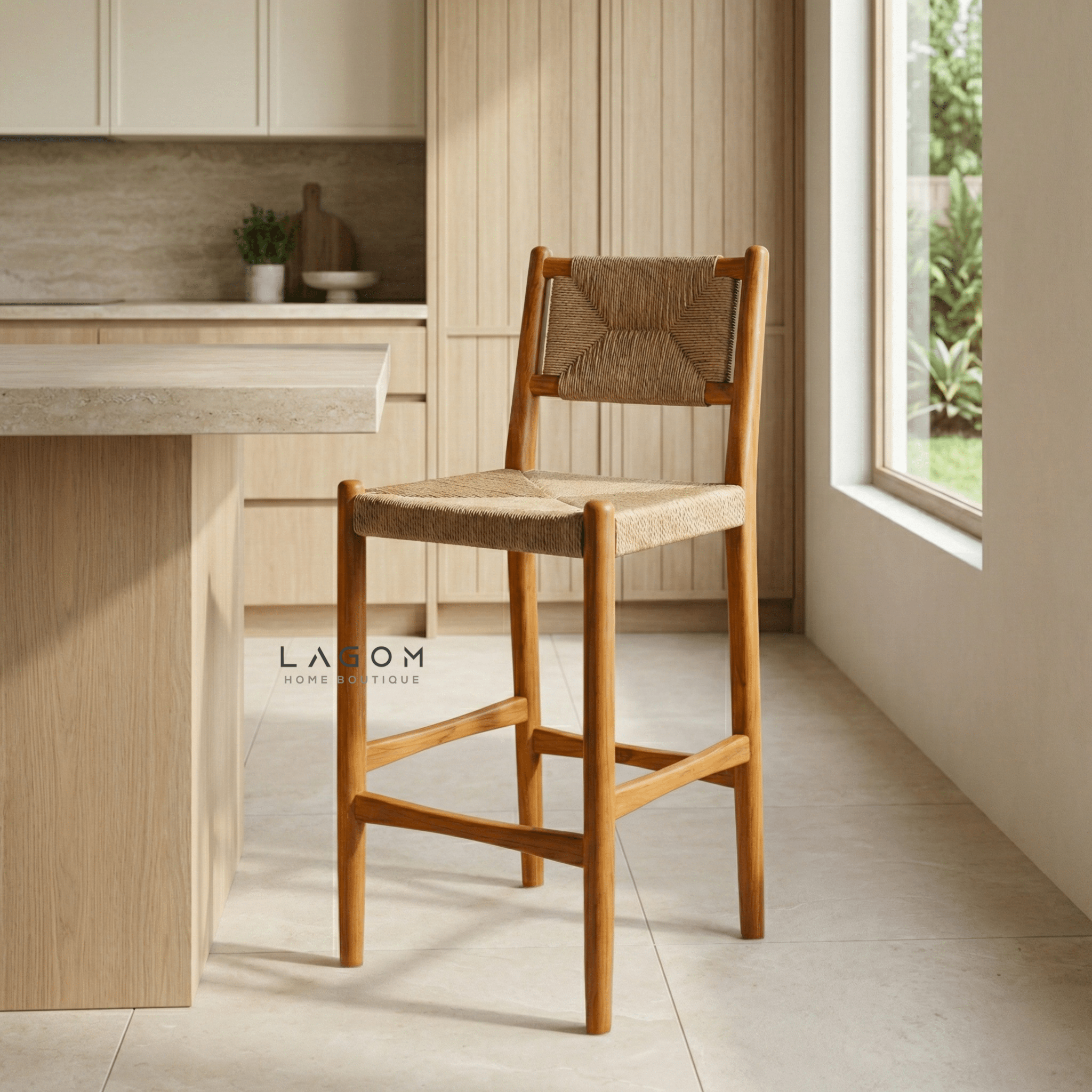 Artisan Bar Stool in Solid Teak & Handwoven Paper Loom - Bar Stool - Lagom Home Boutique
