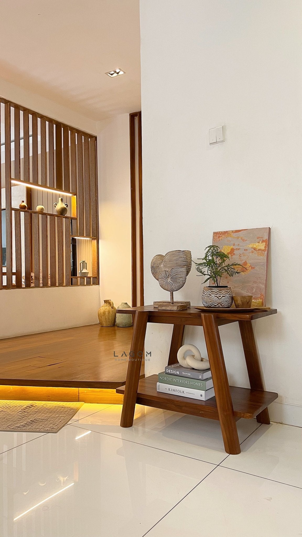 Compact Teak Console Table with Open Shelves - Side Table - Lagom Home Boutique