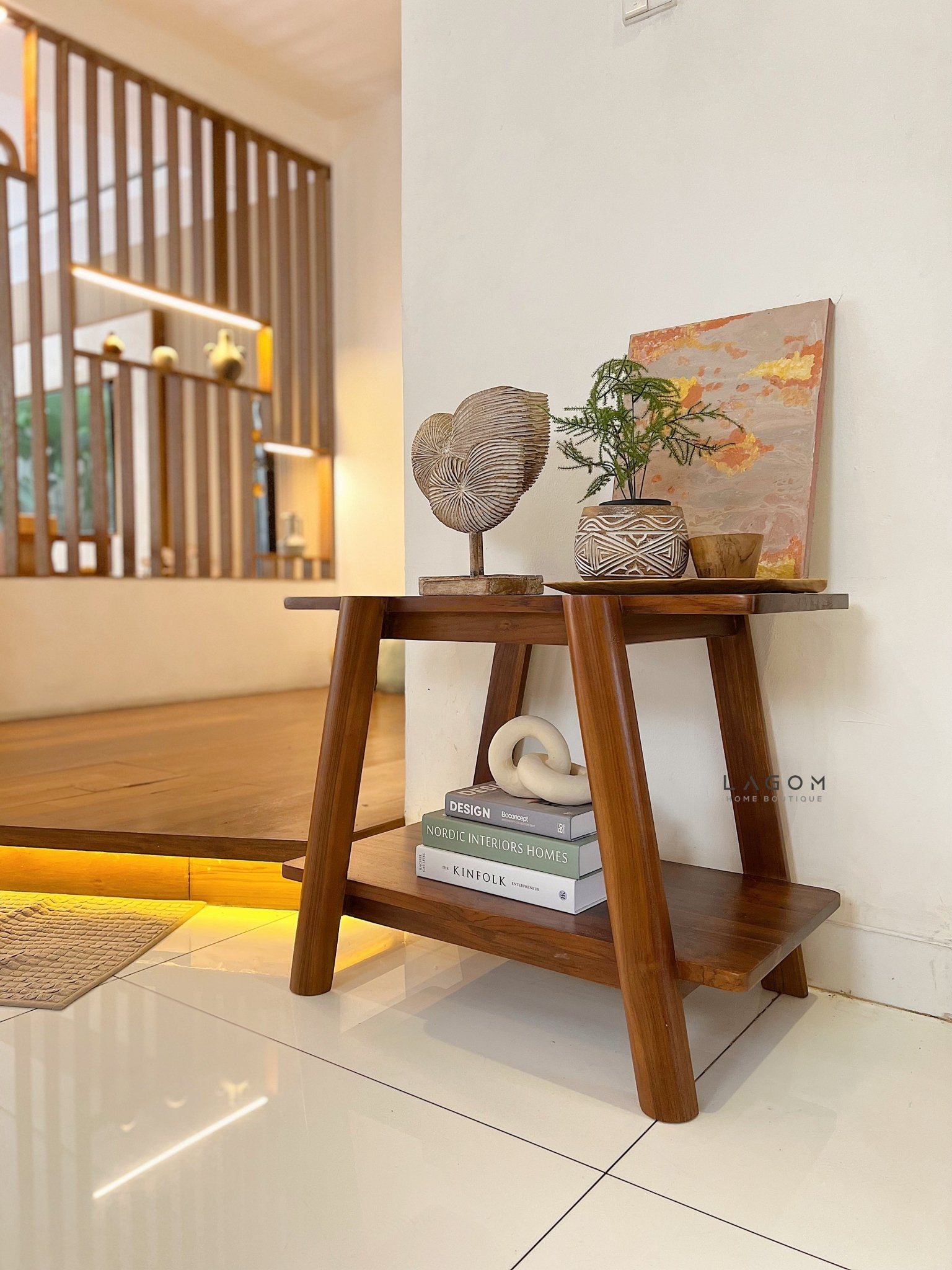 Compact Teak Console Table with Open Shelves - Side Table - Lagom Home Boutique