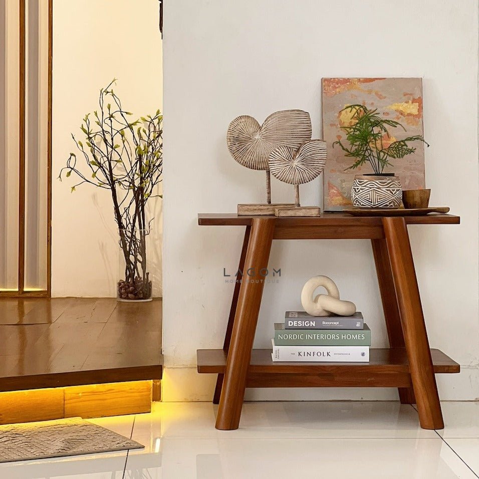 Compact Teak Console Table with Open Shelves - Side Table - Lagom Home Boutique