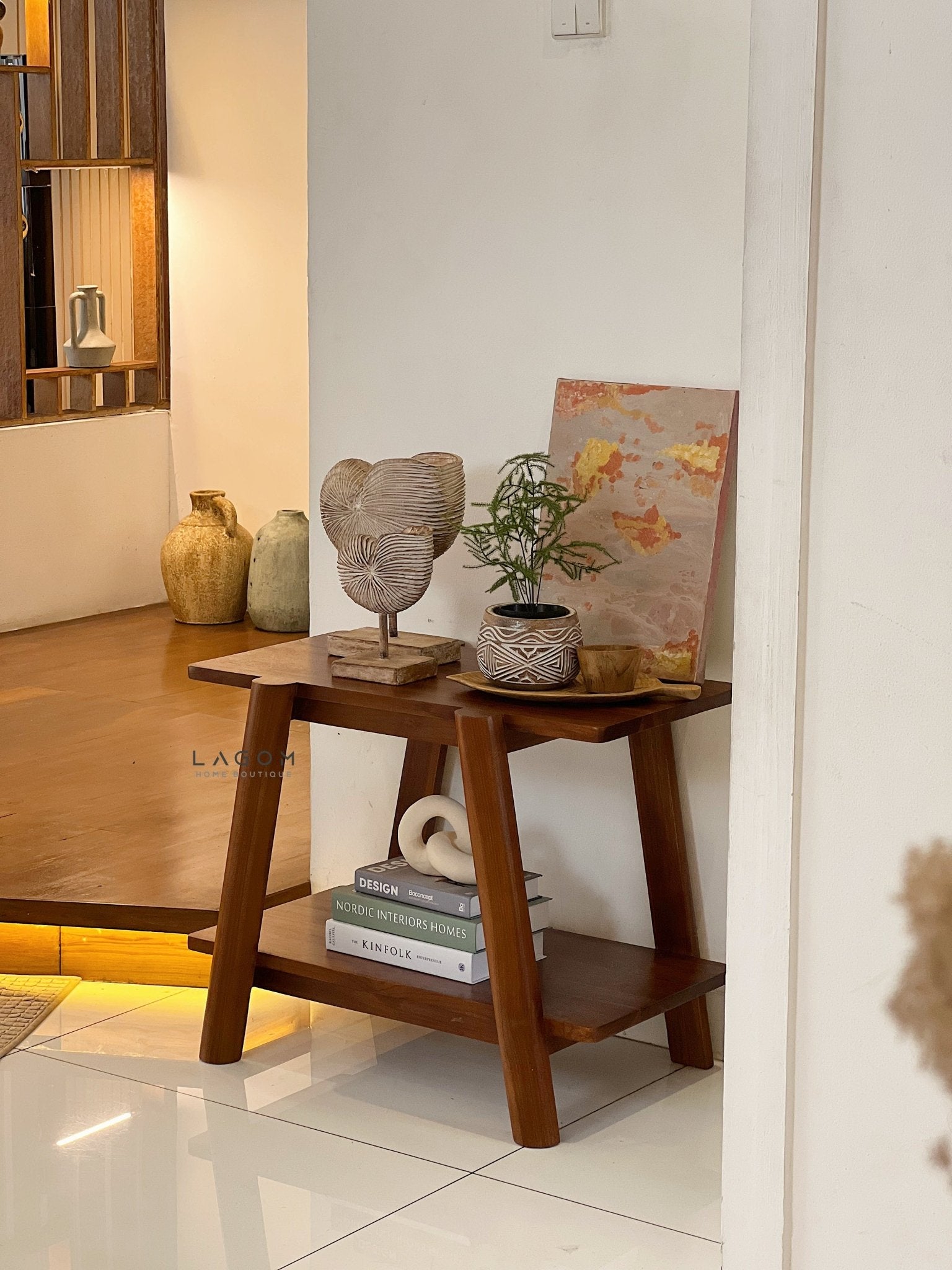 Compact Teak Console Table with Open Shelves - Side Table - Lagom Home Boutique