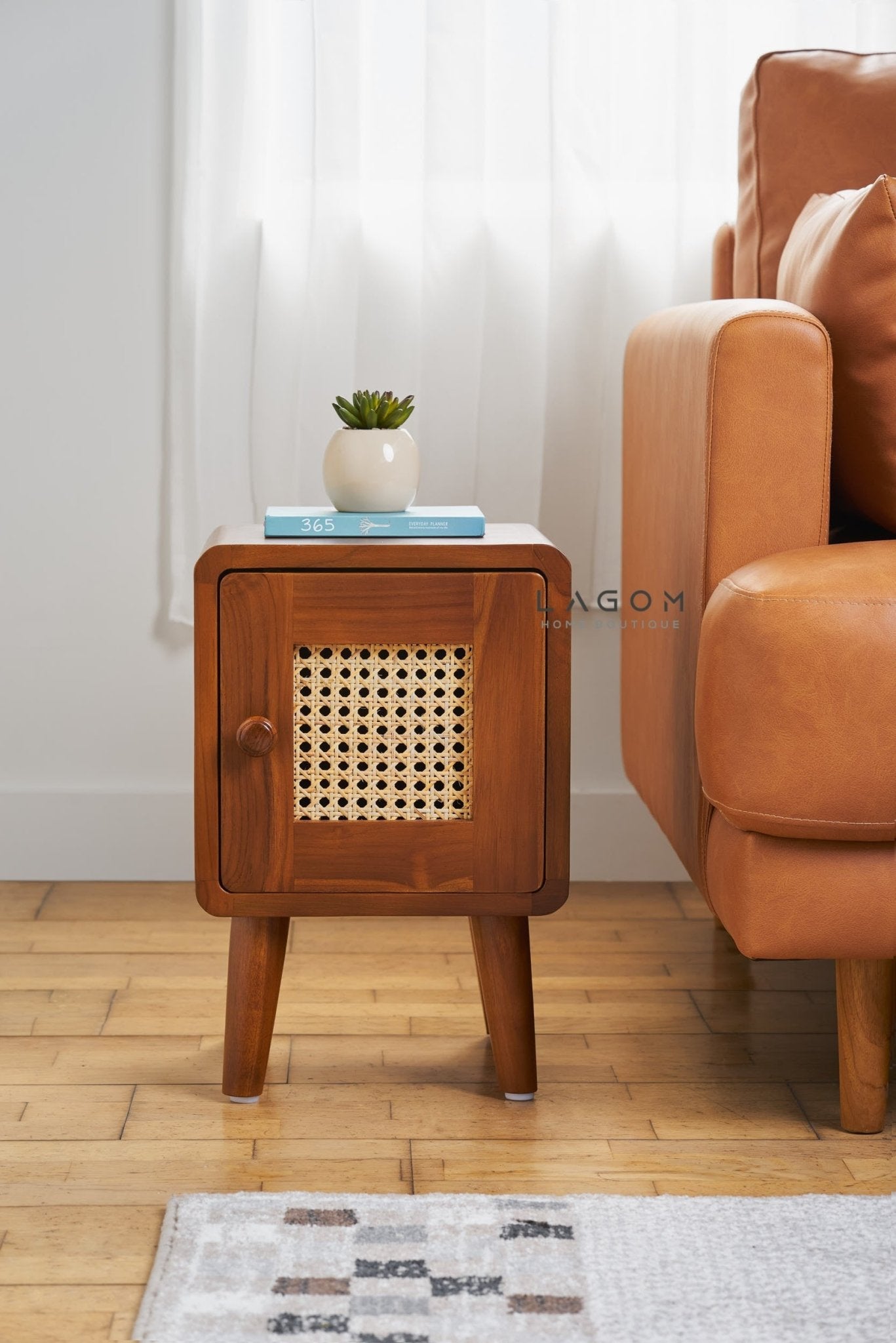 Compact Teak Side Table with Rattan Door - Side Table - Lagom Home Boutique