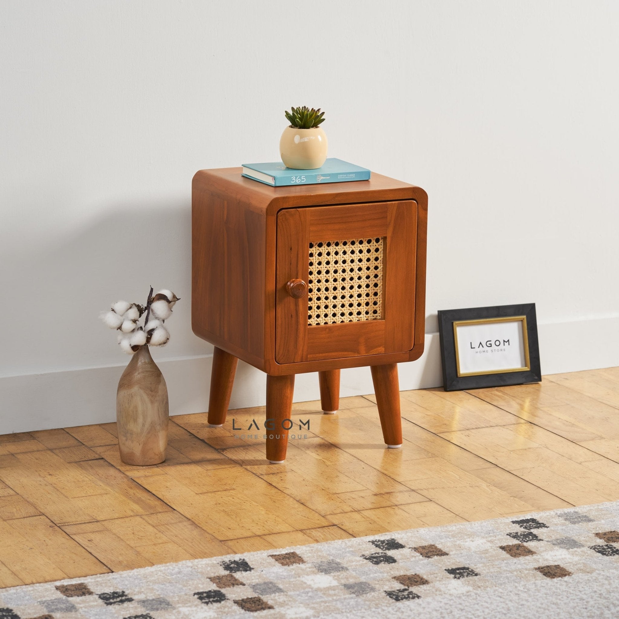Compact Teak Side Table with Rattan Door - Side Table - Lagom Home Boutique