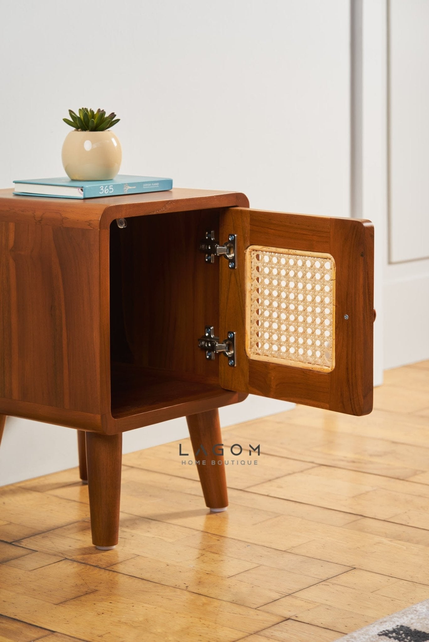 Compact Teak Side Table with Rattan Door - Side Table - Lagom Home Boutique