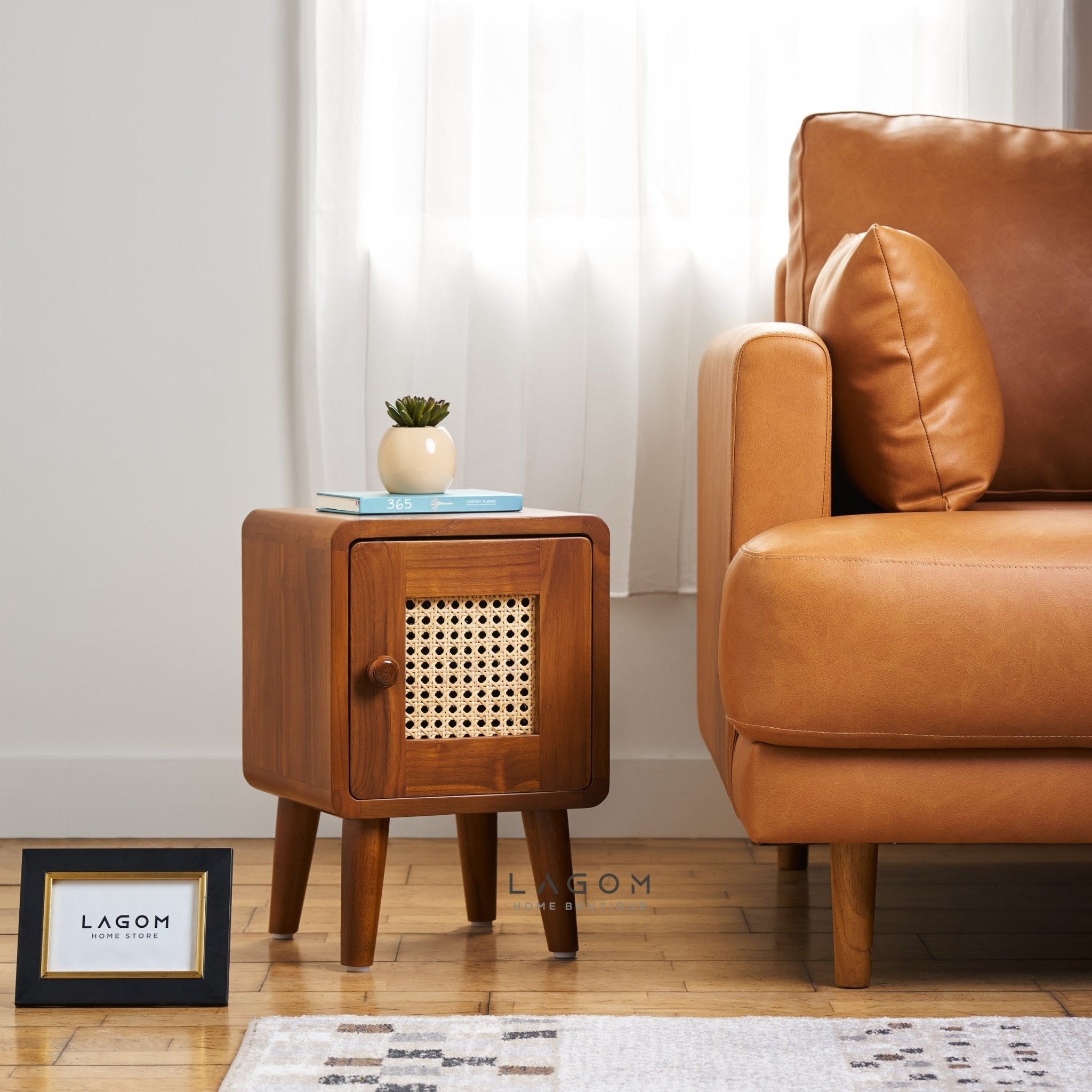 Compact Teak Side Table with Rattan Door - Side Table - Lagom Home Boutique