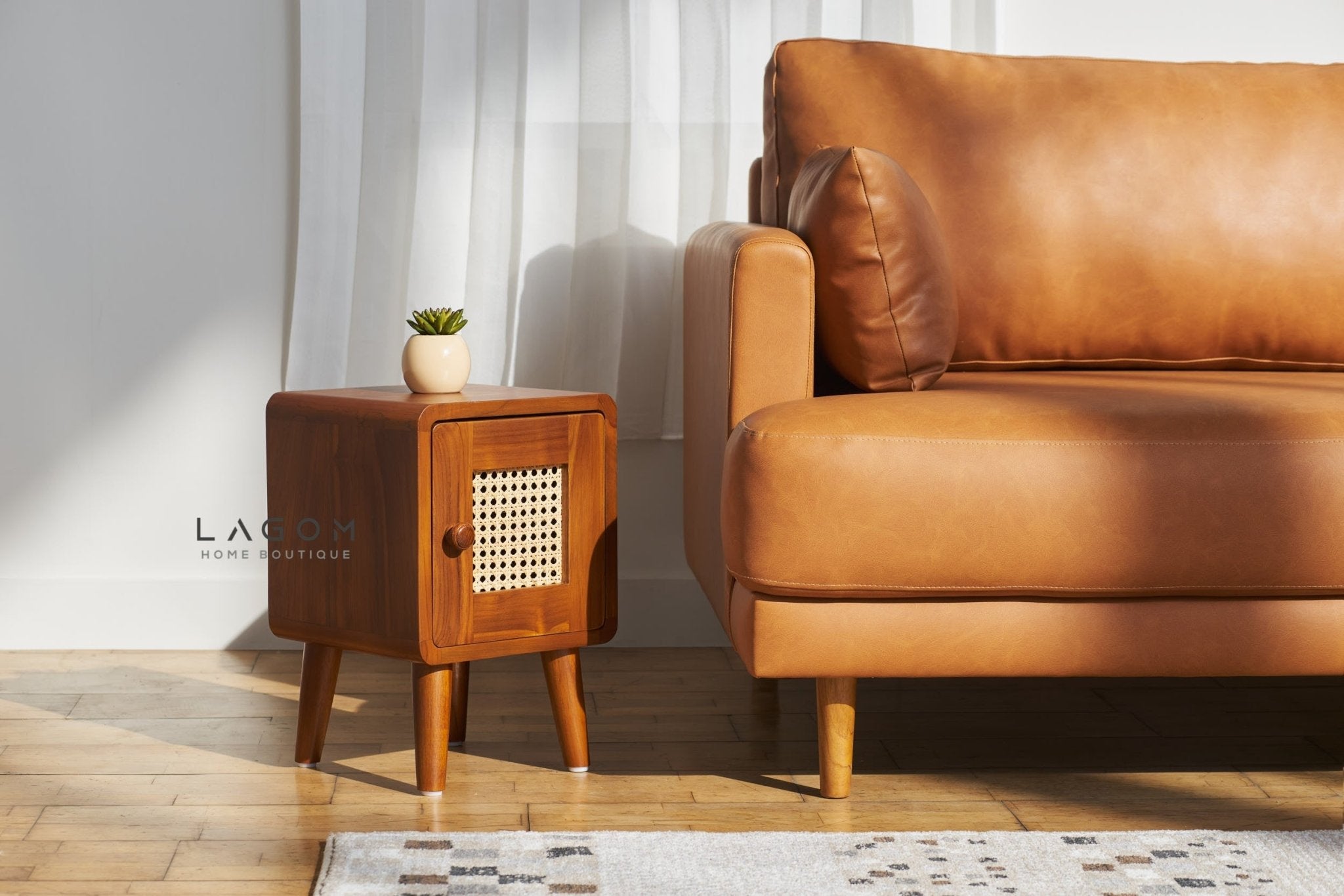 Compact Teak Side Table with Rattan Door - Side Table - Lagom Home Boutique