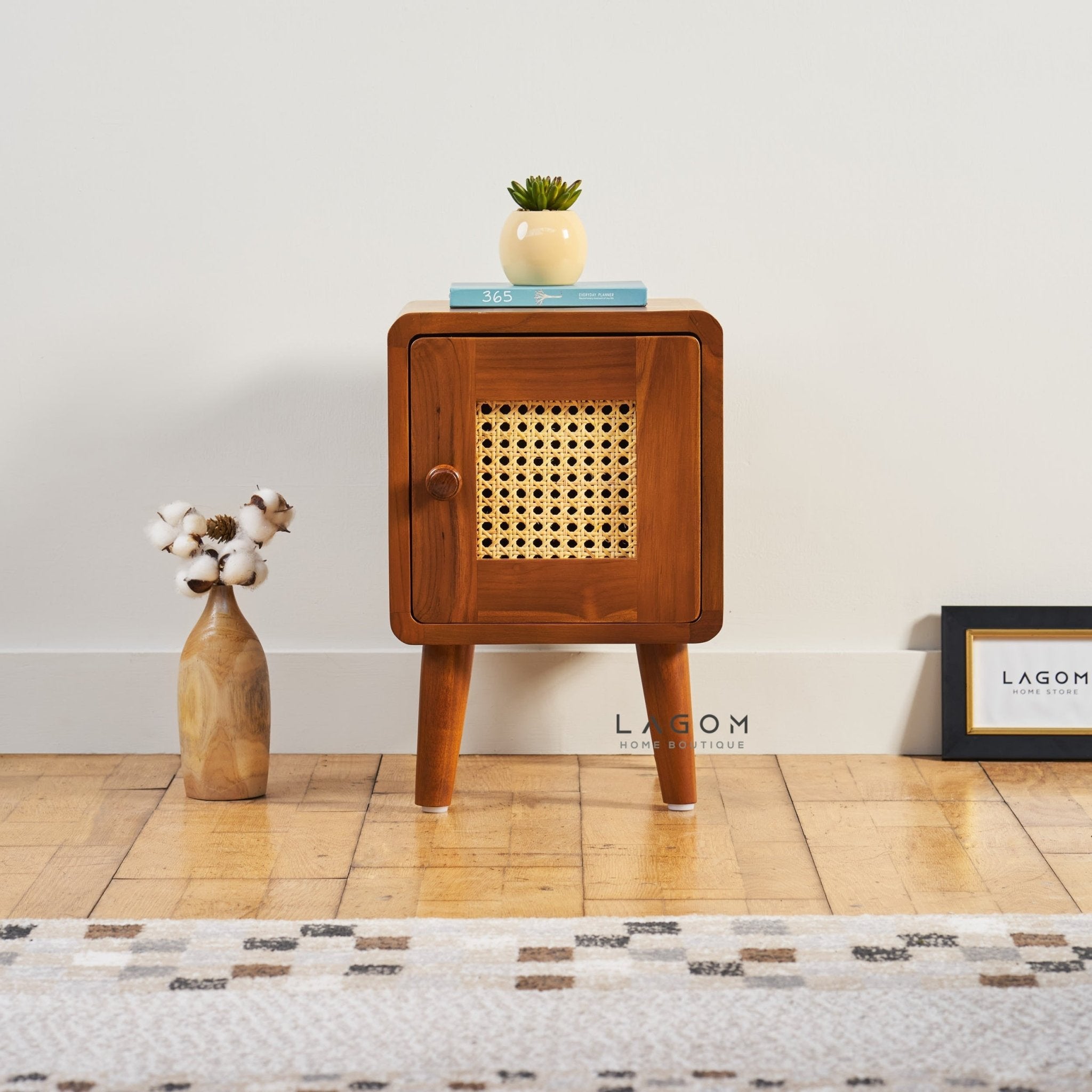 Compact Teak Side Table with Rattan Door - Side Table - Lagom Home Boutique