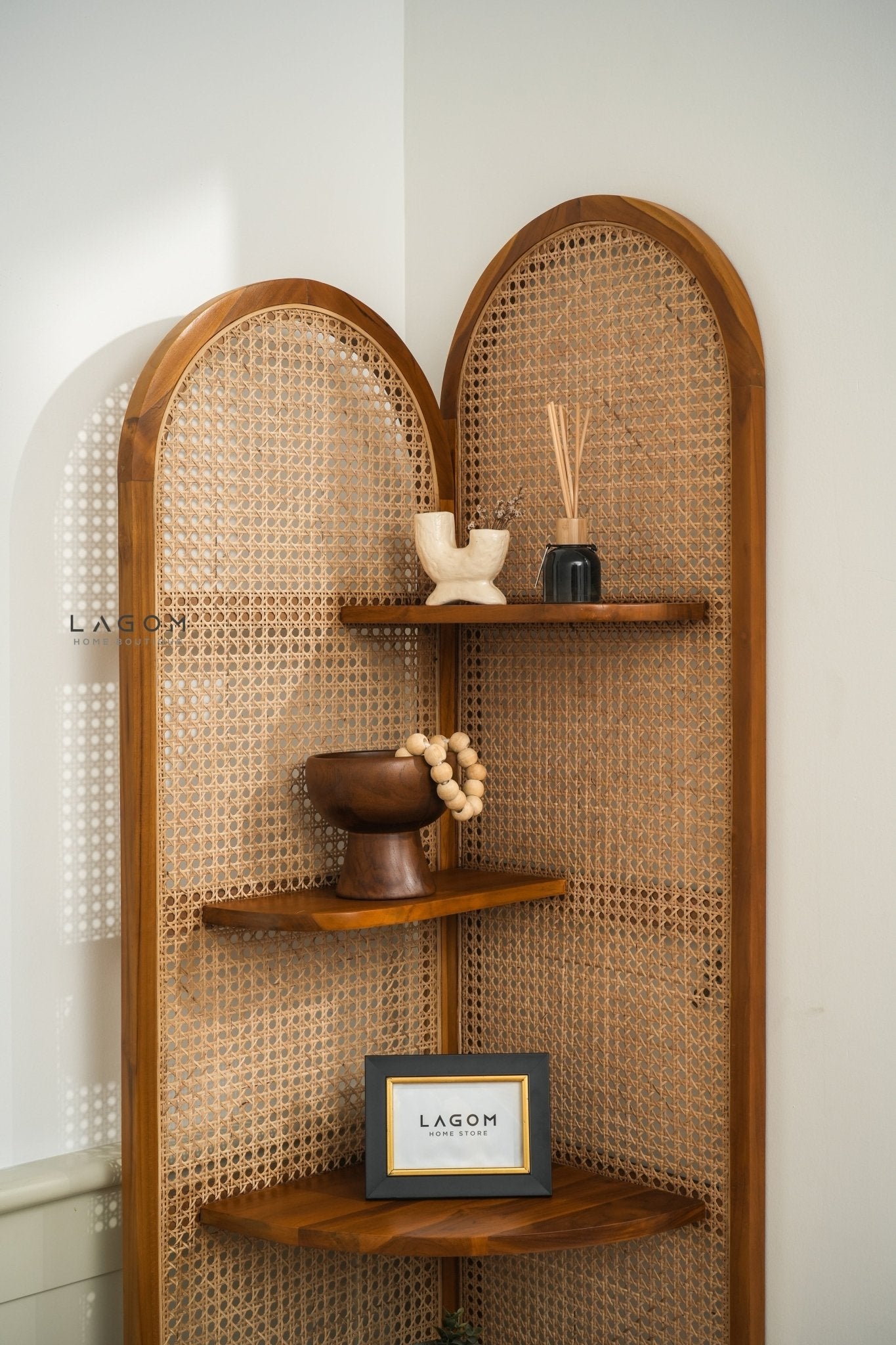 Corner Shelf in Teak Wood & Premium Rattan - Bookshelves - Lagom Home Boutique