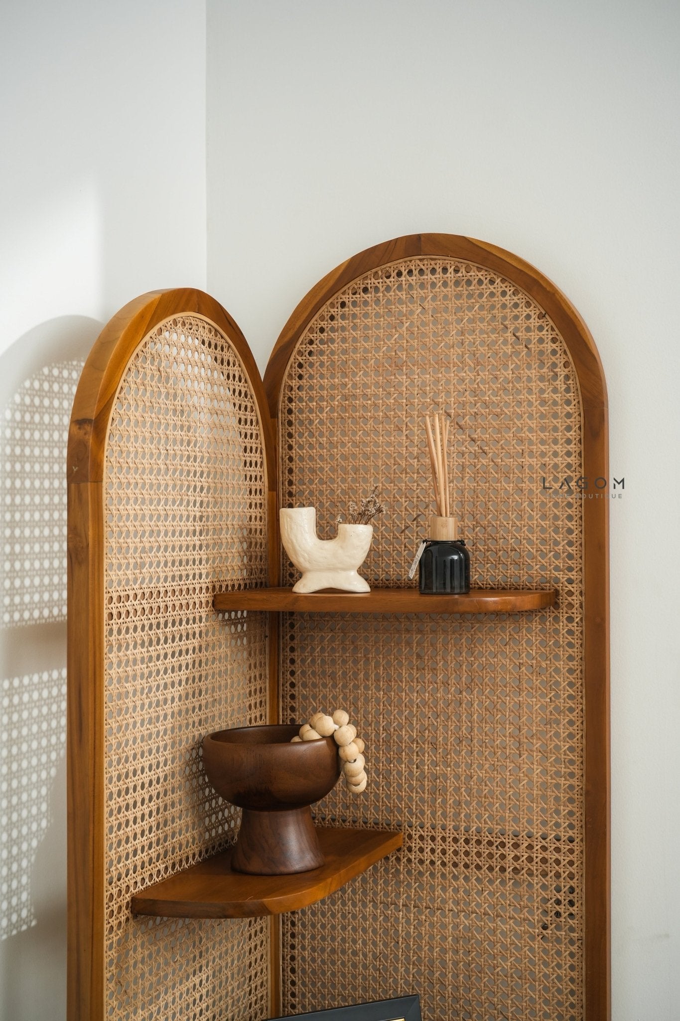 Corner Shelf in Teak Wood & Premium Rattan - Bookshelves - Lagom Home Boutique