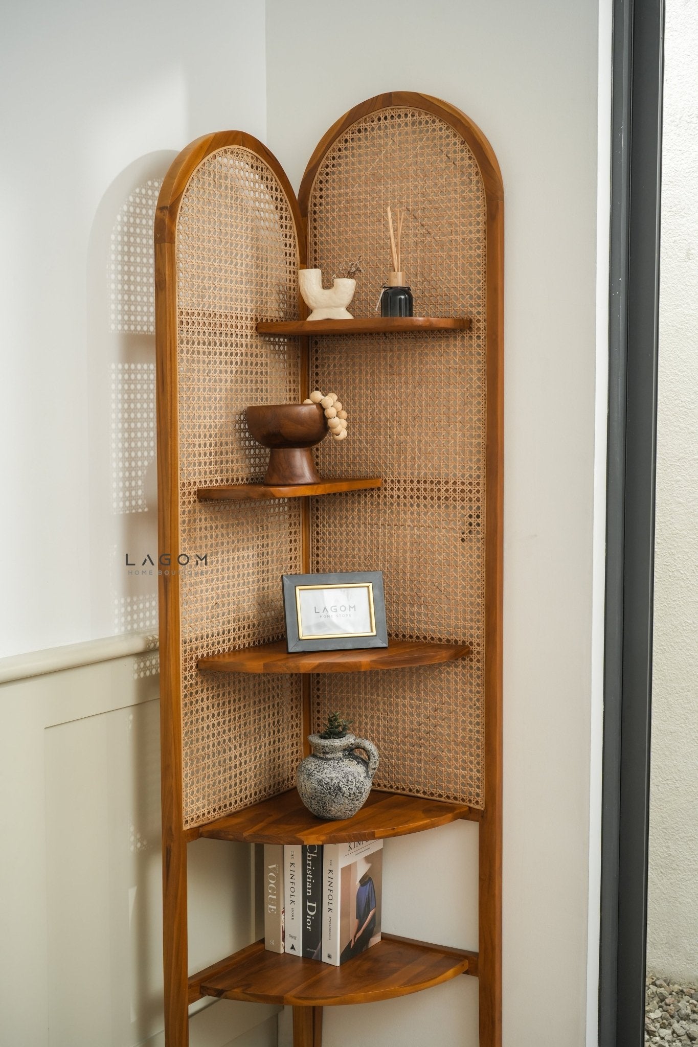 Corner Shelf in Teak Wood & Premium Rattan - Bookshelves - Lagom Home Boutique