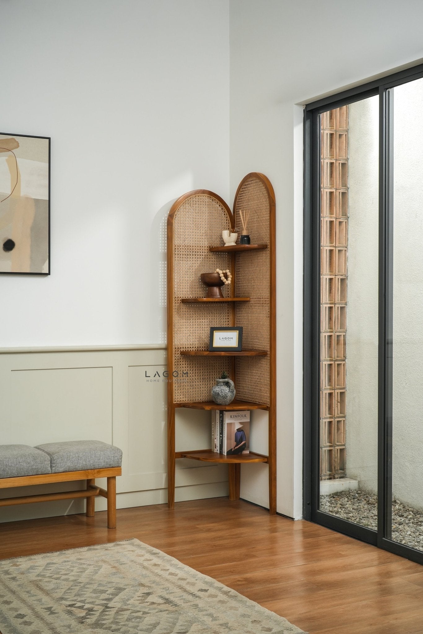 Corner Shelf in Teak Wood & Premium Rattan - Bookshelves - Lagom Home Boutique