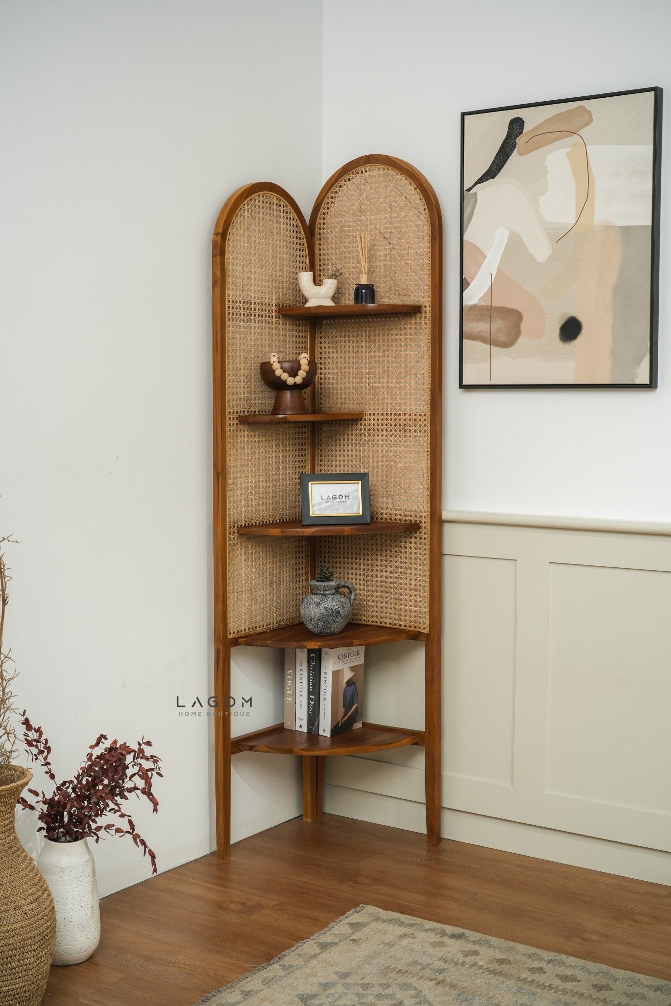 Corner Shelf in Teak Wood & Premium Rattan - Bookshelves - Lagom Home Boutique