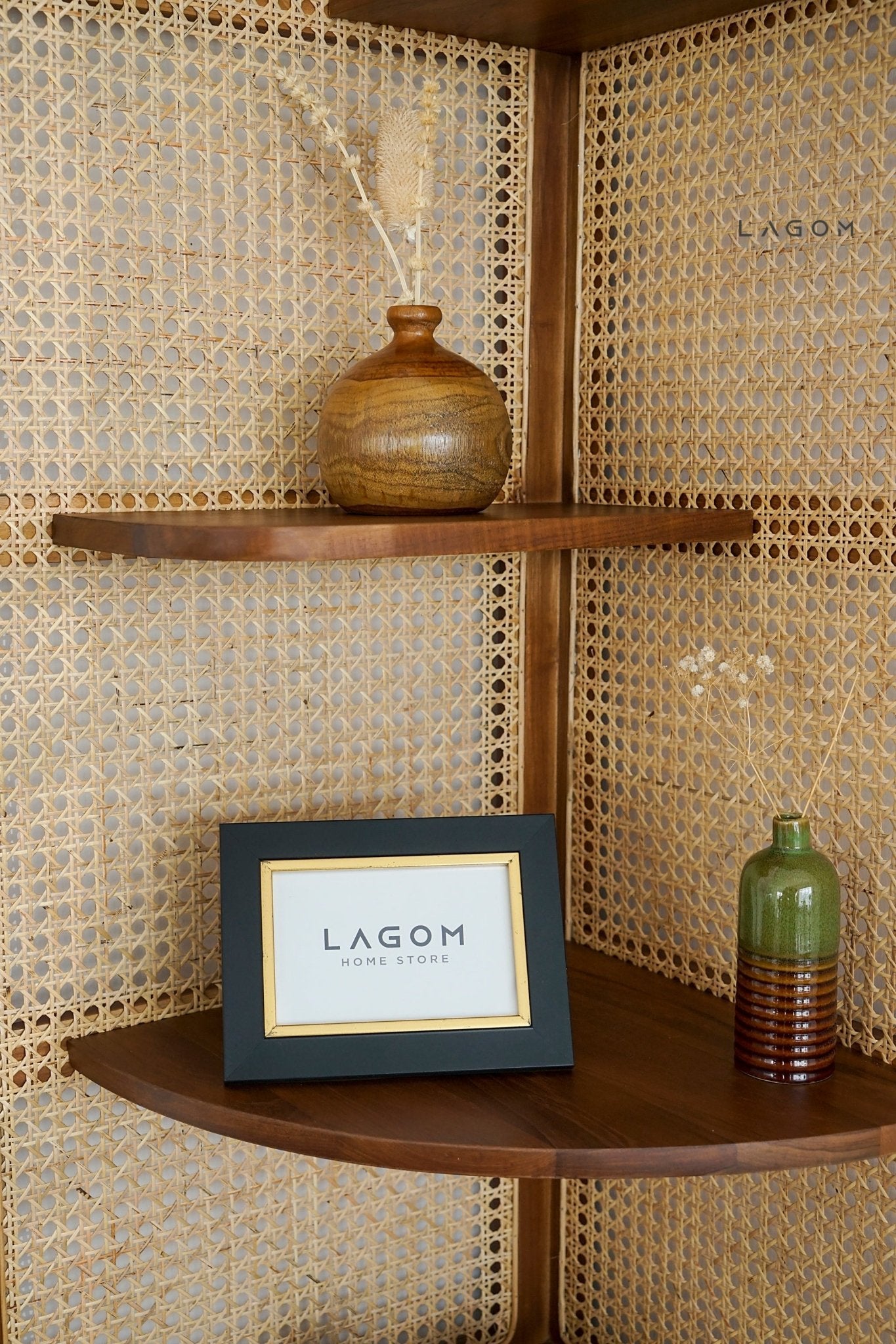 Corner Shelf in Teak Wood & Premium Rattan - Bookshelves - Lagom Home Boutique