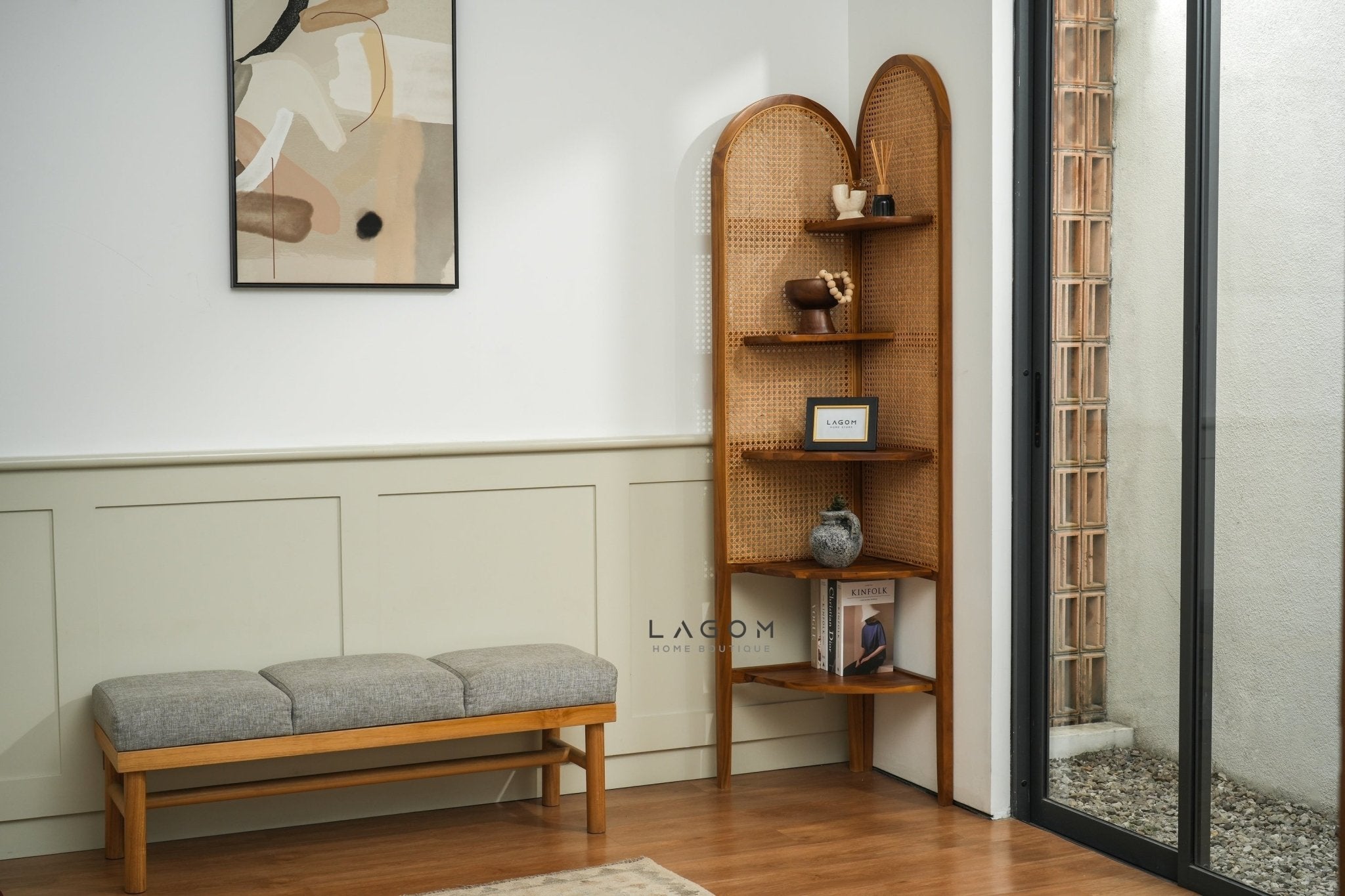 Corner Shelf in Teak Wood & Premium Rattan - Bookshelves - Lagom Home Boutique