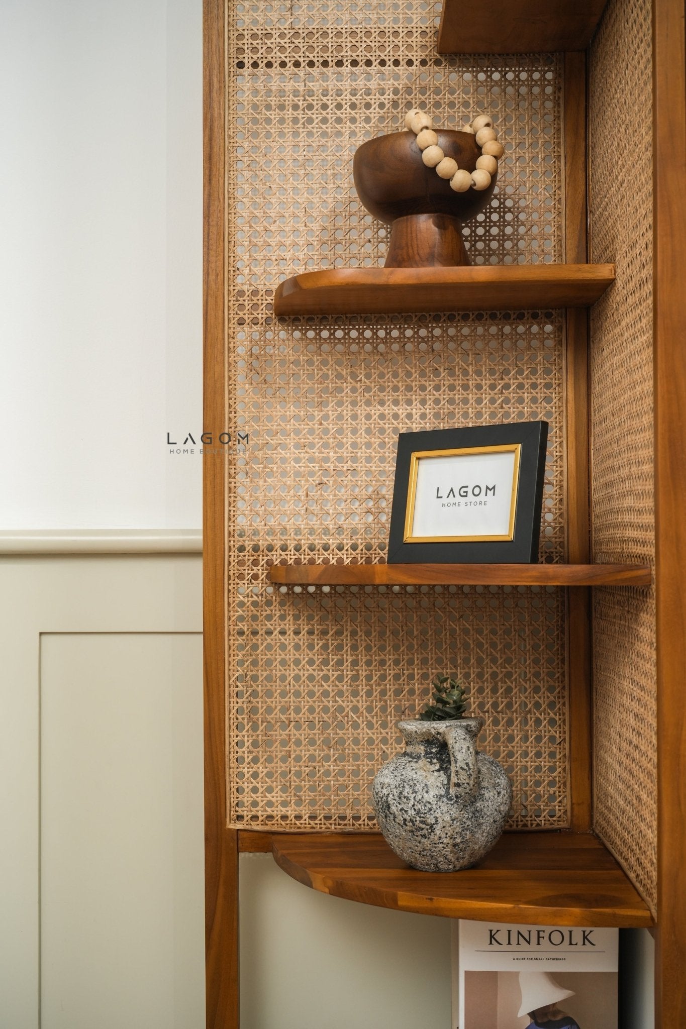 Corner Shelf in Teak Wood & Premium Rattan - Bookshelves - Lagom Home Boutique