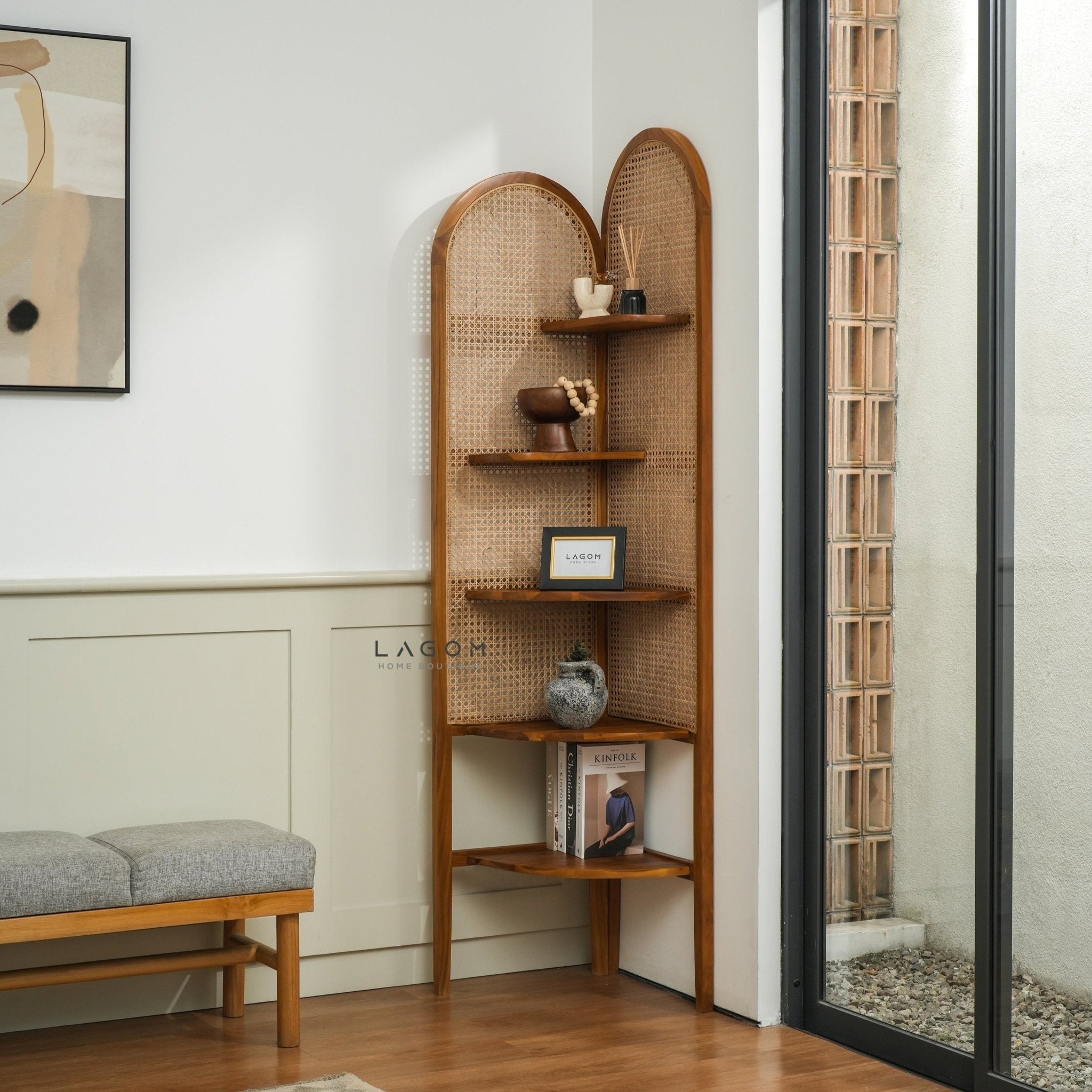 Corner Shelf in Teak Wood & Premium Rattan - Bookshelves - Lagom Home Boutique
