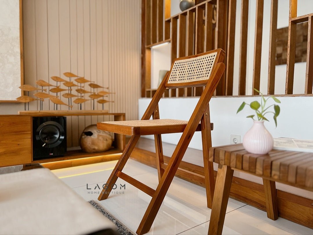 Foldable Chair in Teak & Rattan - Chair - Lagom Home Boutique
