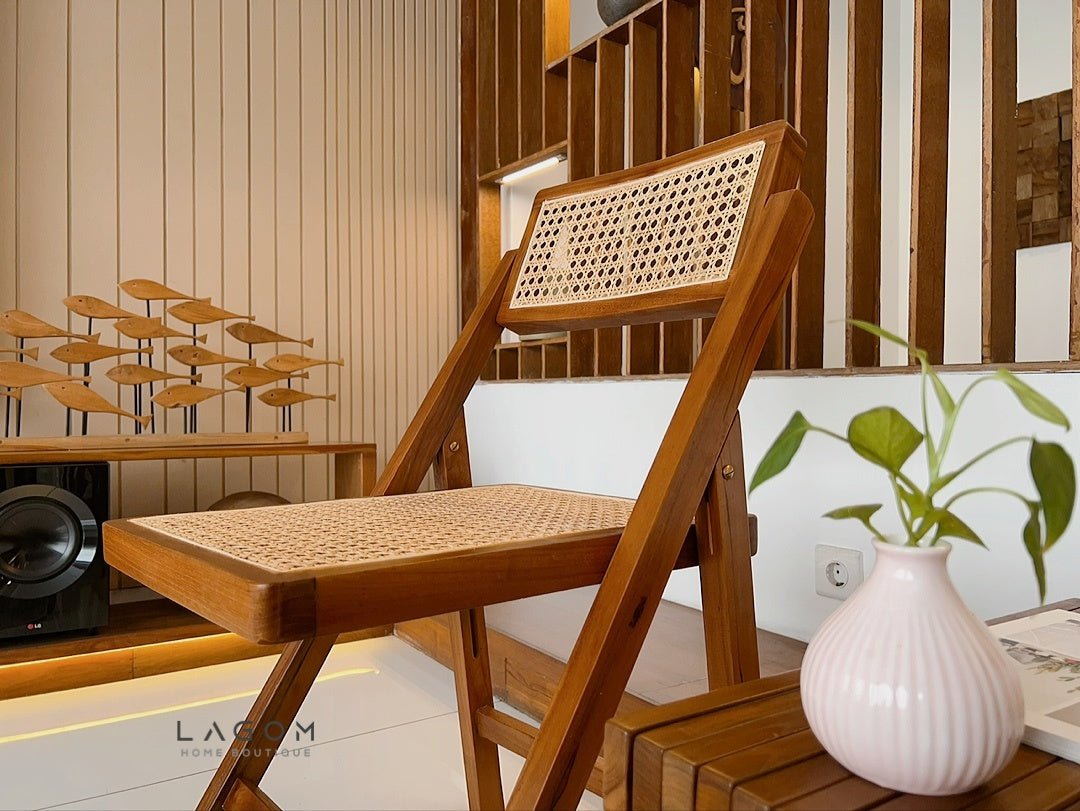 Foldable Chair in Teak & Rattan - Chair - Lagom Home Boutique