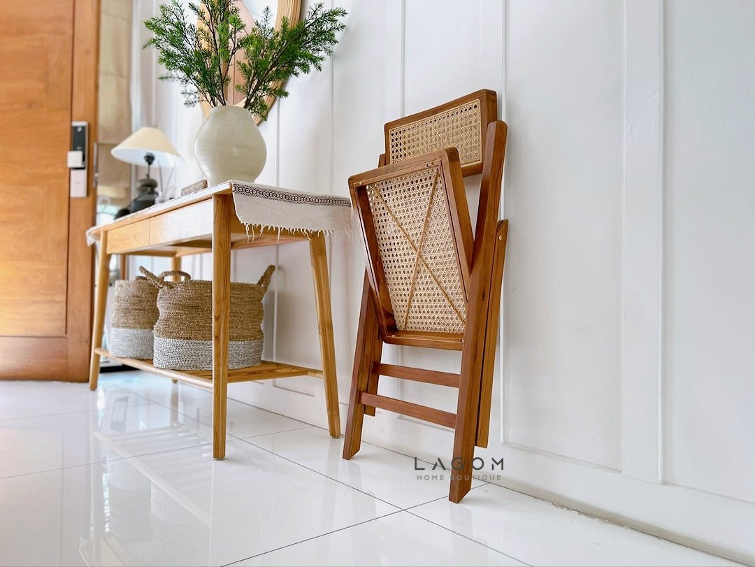 Foldable Chair in Teak & Rattan - Chair - Lagom Home Boutique