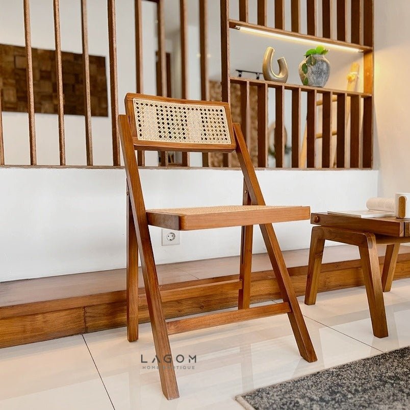 Foldable Chair in Teak & Rattan - Chair - Lagom Home Boutique