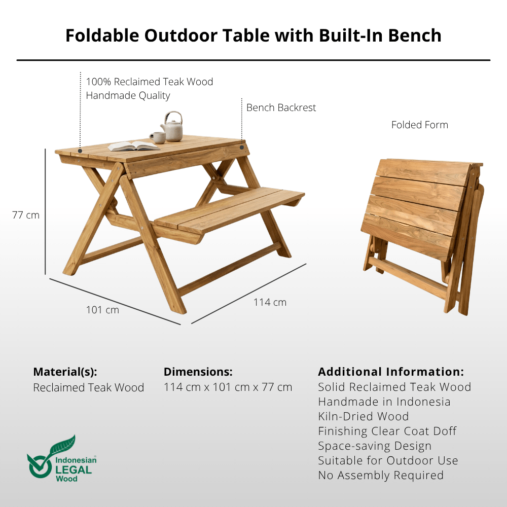 Foldable Outdoor Table with Built-In Bench — Quality Reclaimed Teak Wood-Outdoor Table-Lagom Home Boutique