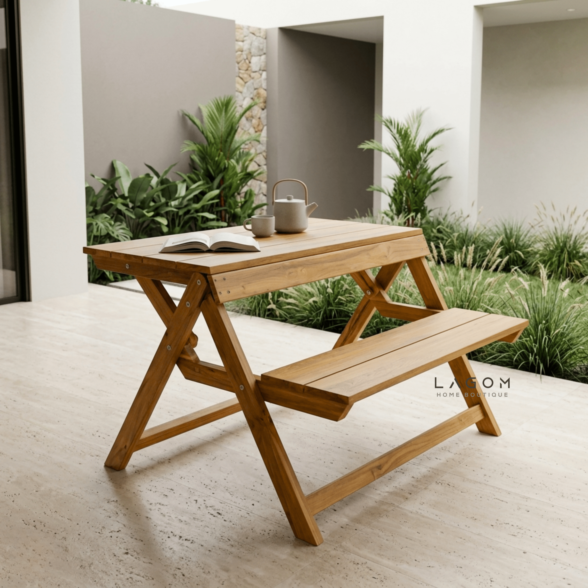 Foldable Outdoor Table with Built-In Bench — Quality Reclaimed Teak Wood-Outdoor Table-Lagom Home Boutique