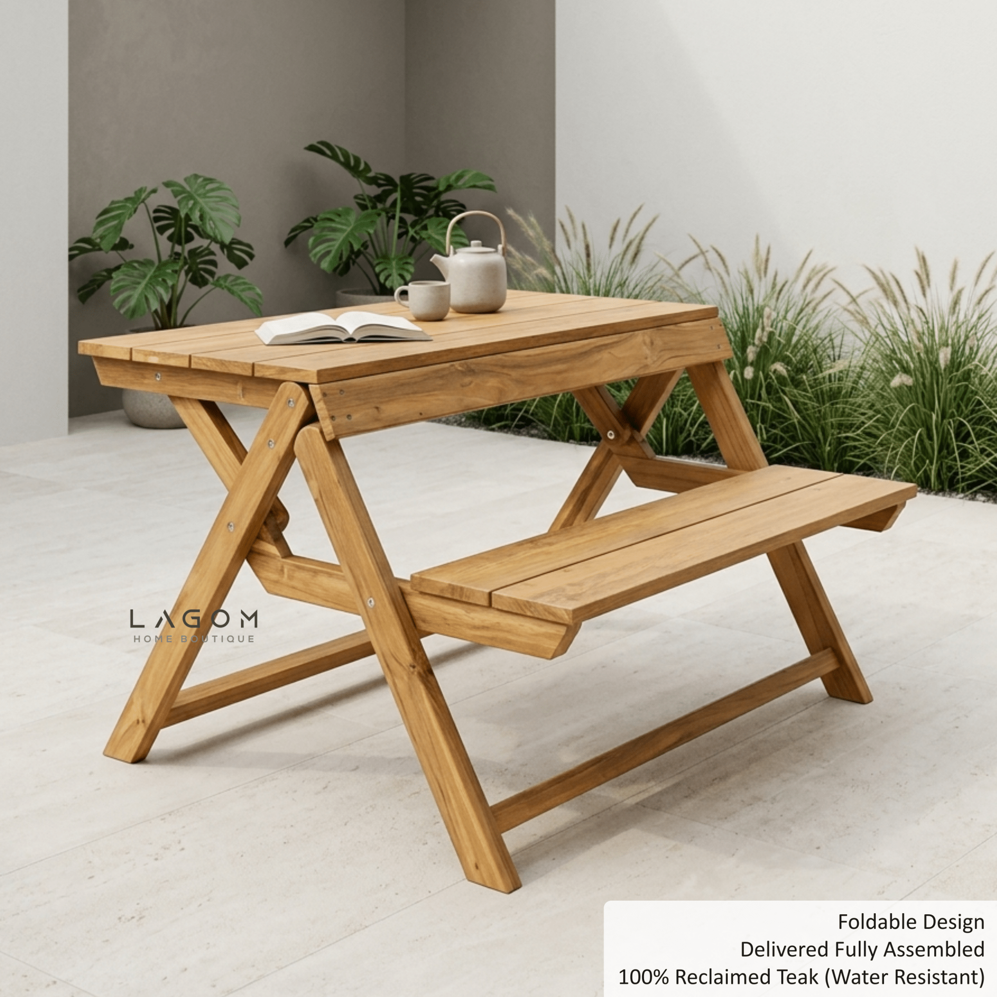 Foldable Outdoor Table with Built-In Bench — Quality Reclaimed Teak Wood-Outdoor Table-Lagom Home Boutique