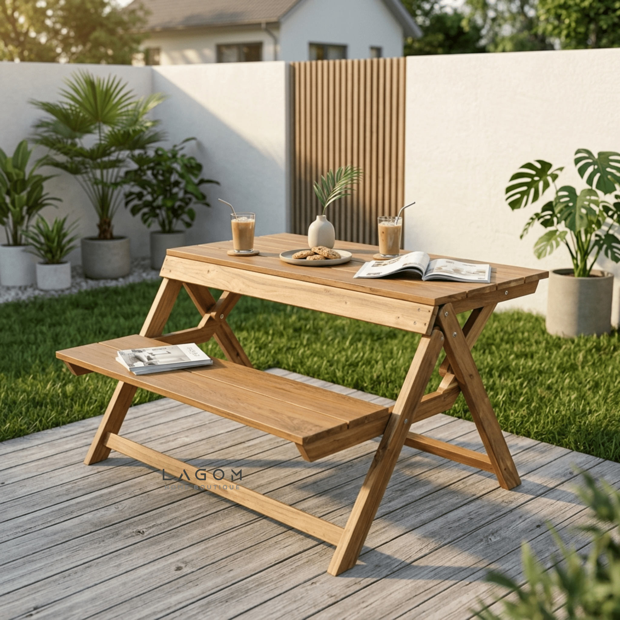 Foldable Outdoor Table with Built-In Bench — Quality Reclaimed Teak Wood-Outdoor Table-Lagom Home Boutique