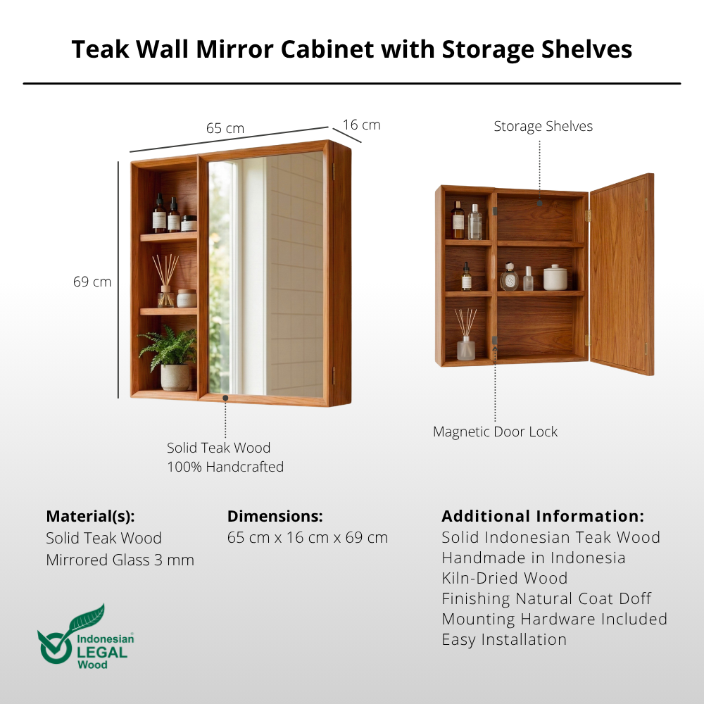 Teak Wall Mirror Cabinet with Storage Shelves