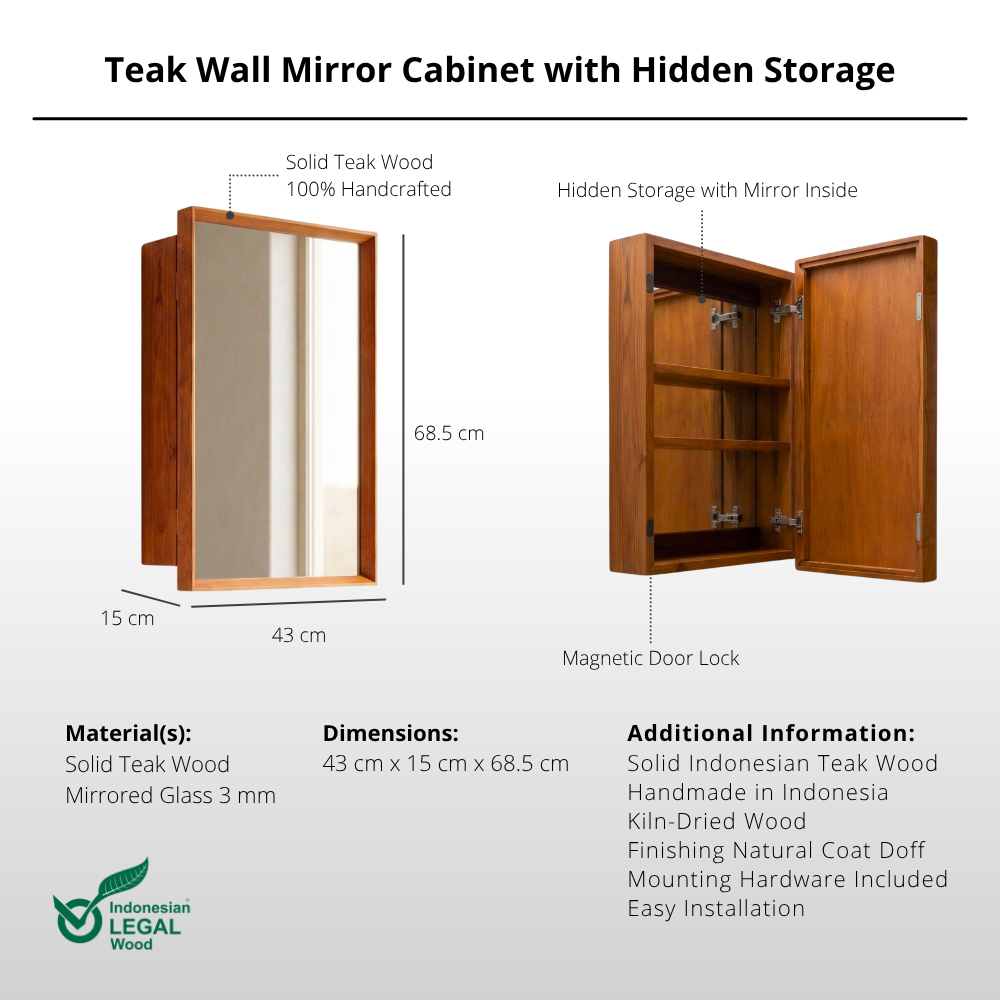 Teak Wall Mirror Cabinet with Hidden Storage