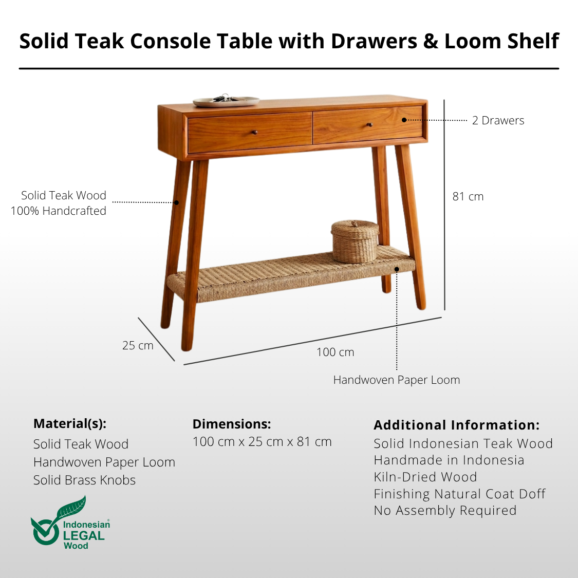 Solid Teak Console Table with Drawers & Loom Shelf