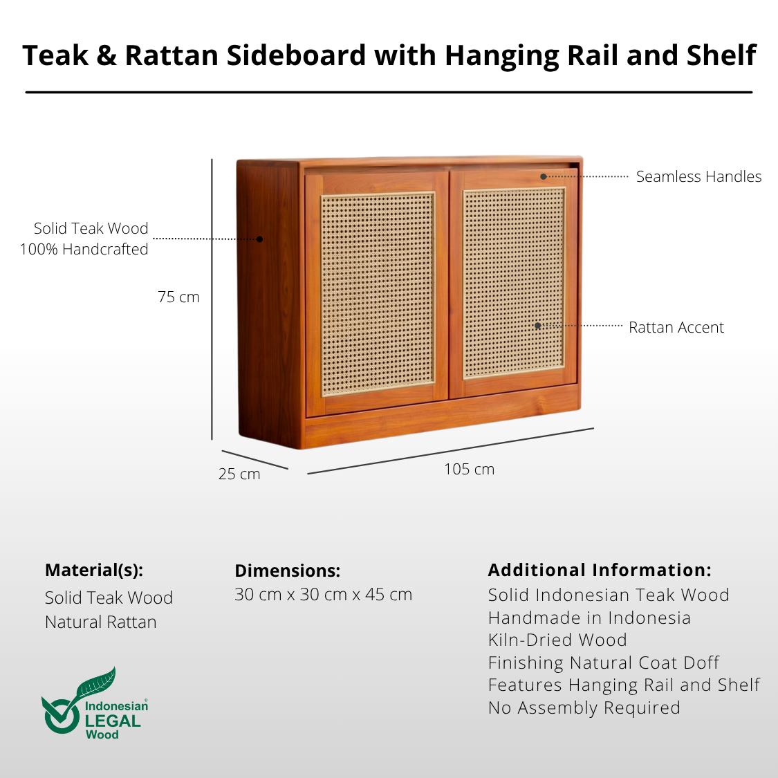 Teak & Rattan Sideboard with Hanging Rail and Shelf