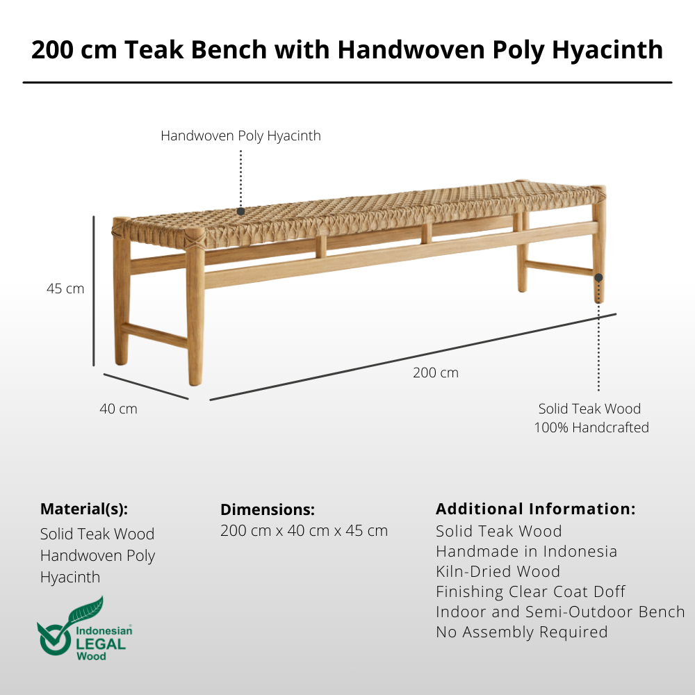 200 cm Solid Teak Bench with Handwoven Poly Hyacinth
