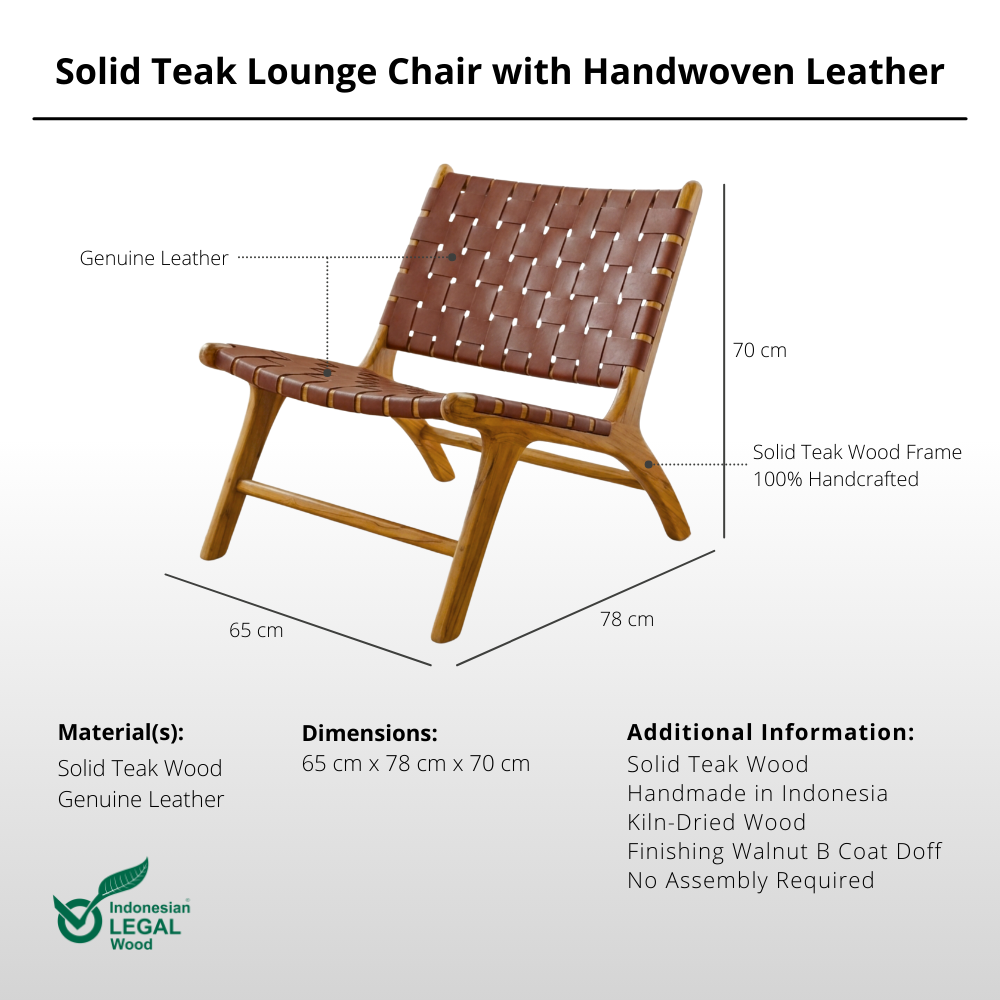 Solid Teak Lounge Chair with Handwoven Leather